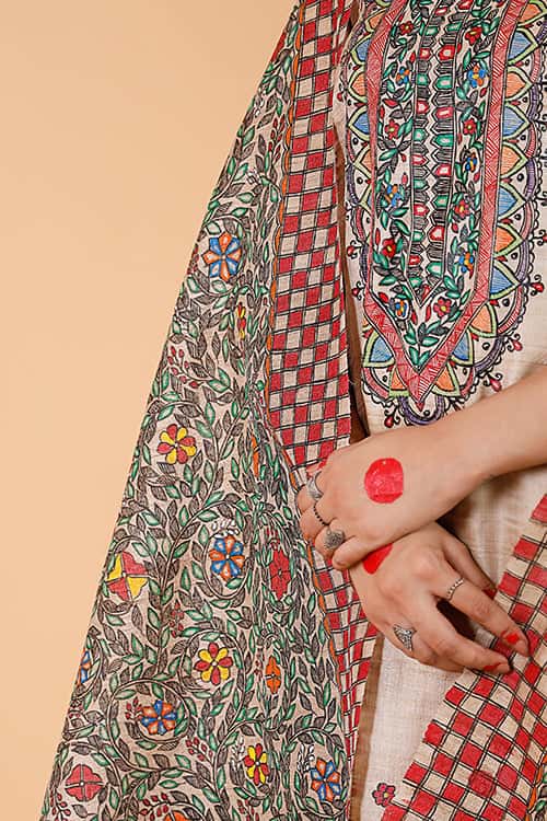 Handpainted Madhubani 'Bagmati' Tussar Silk Dupatta — image 2 of 2