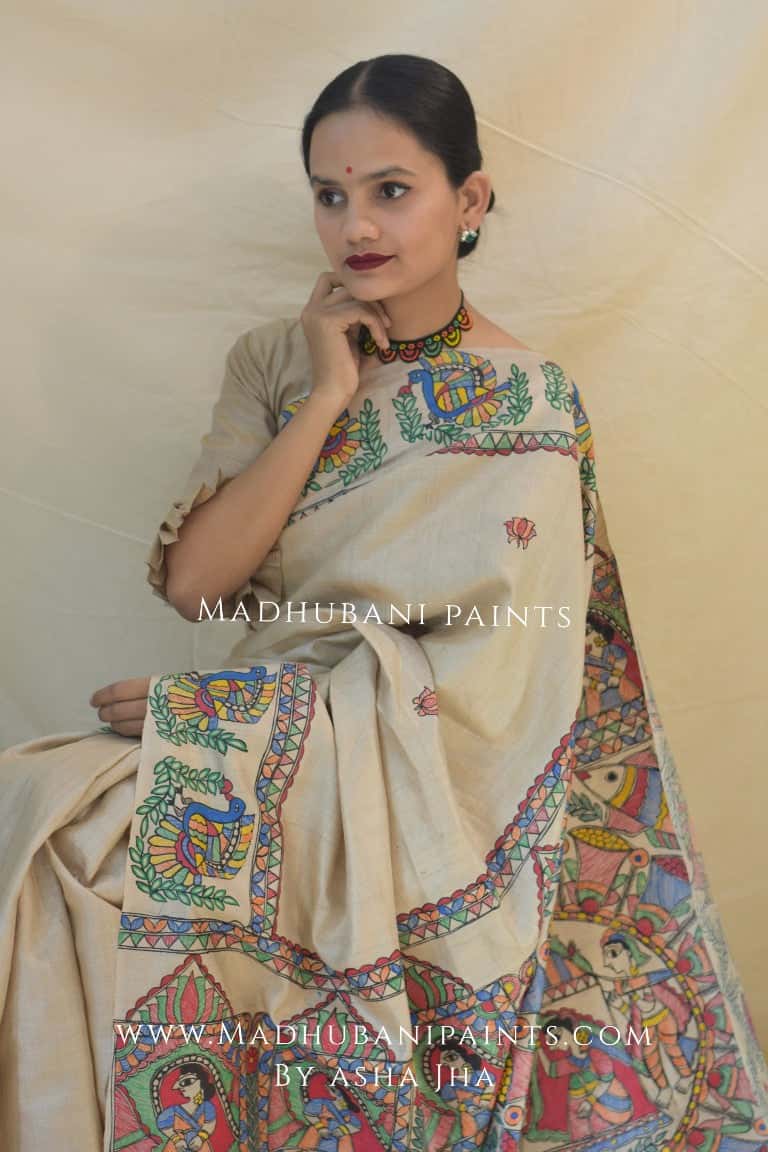 Gaon Ghar Doli Madhubani Handpainted Tussar Silk Saree — image 3 of 4