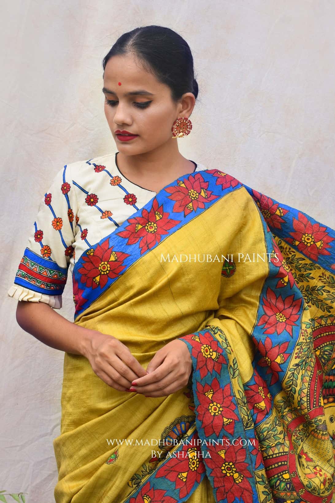 GAJANAND MATSYA' Hand Painted Madhubani Tussar Silk Saree Blouse Set — image 3 of 8