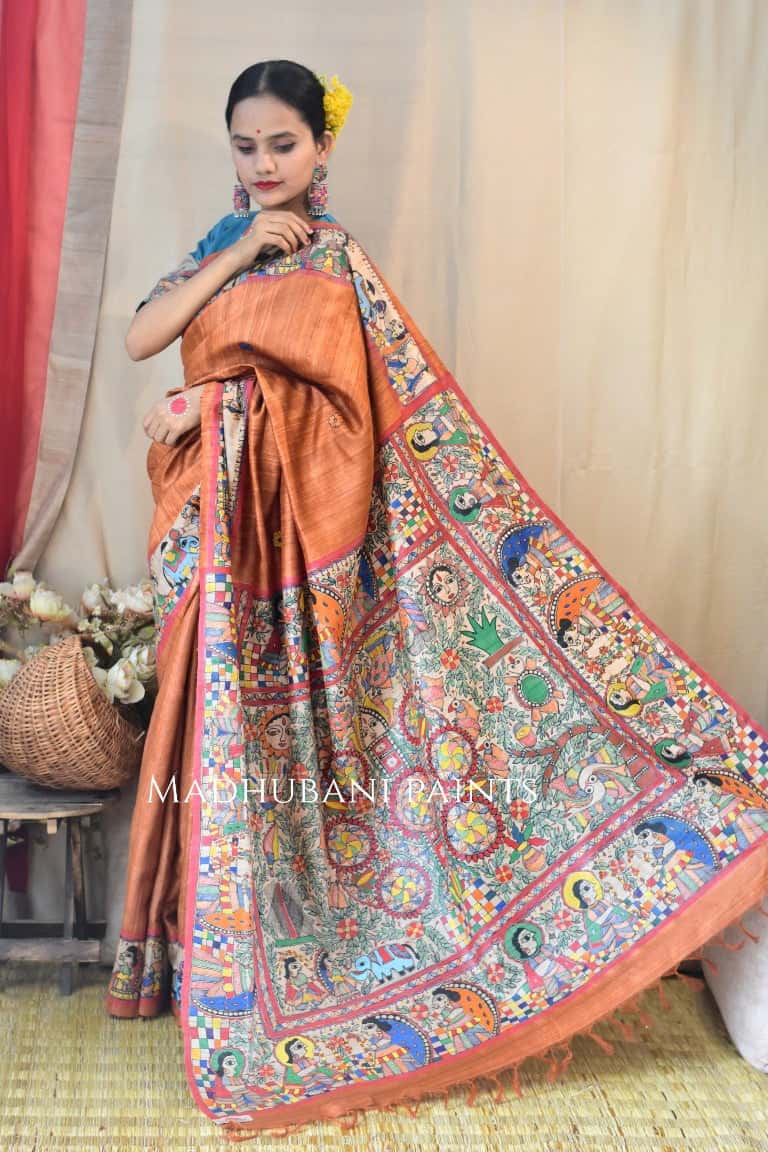 Rust Orange Kohbar Vivah Hand Painted Madhubani Tussar Silk Saree Blouse Set — image 4 of 6