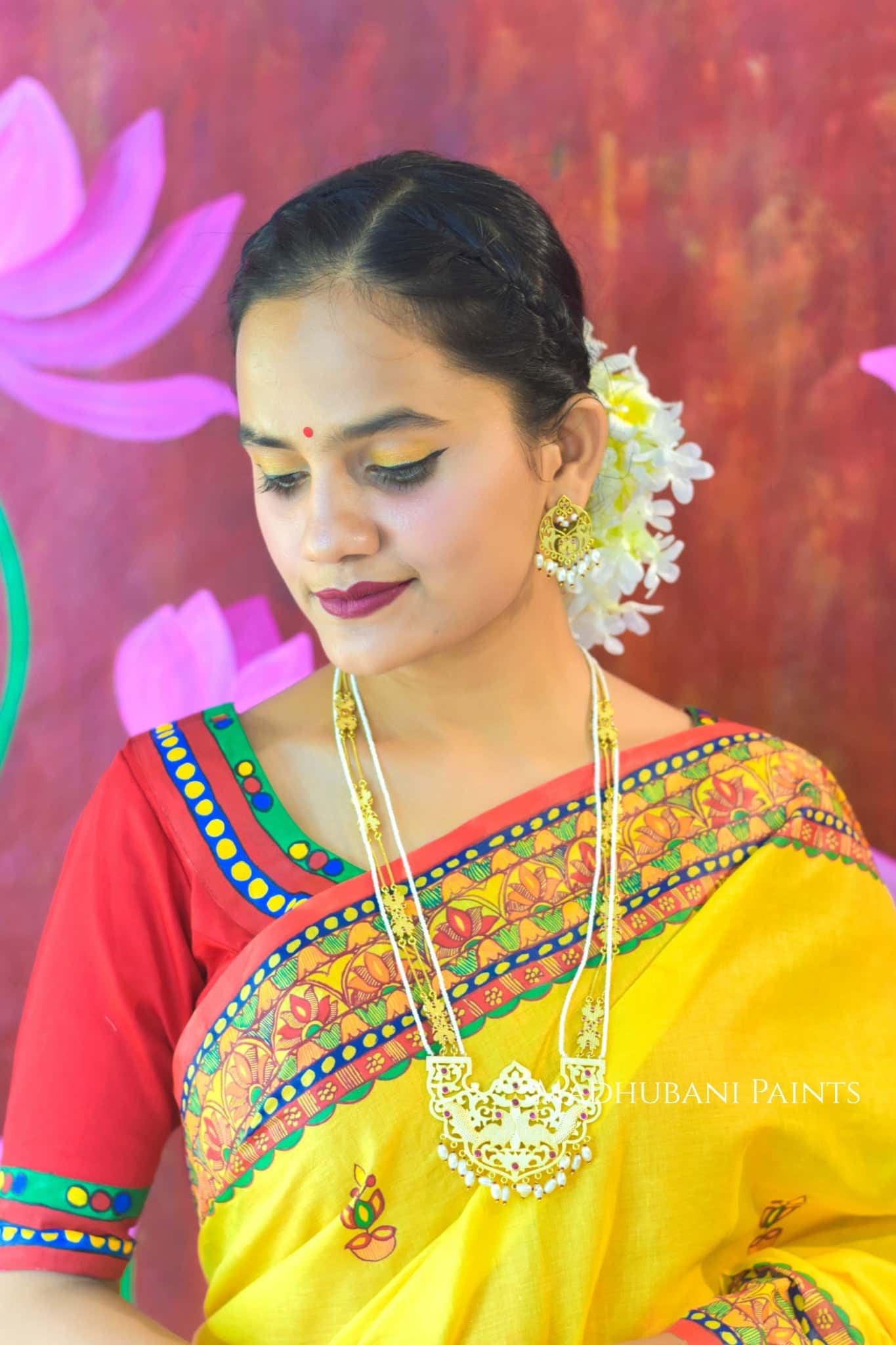 Surya Kiran Chhath Puja Hand painted Madhubani Cotton Saree — image 8 of 8