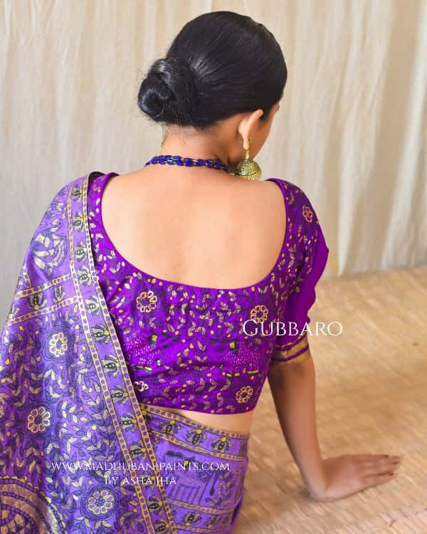 BAIGNI HAATHI Madhubani Handpainted Bishnupuri Silk Saree Blouse Set — image 6 of 10