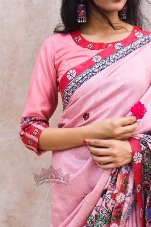 'GULABI DOLI' Handpainted Madhubani Tussar Silk Blouse — image 2 of 5