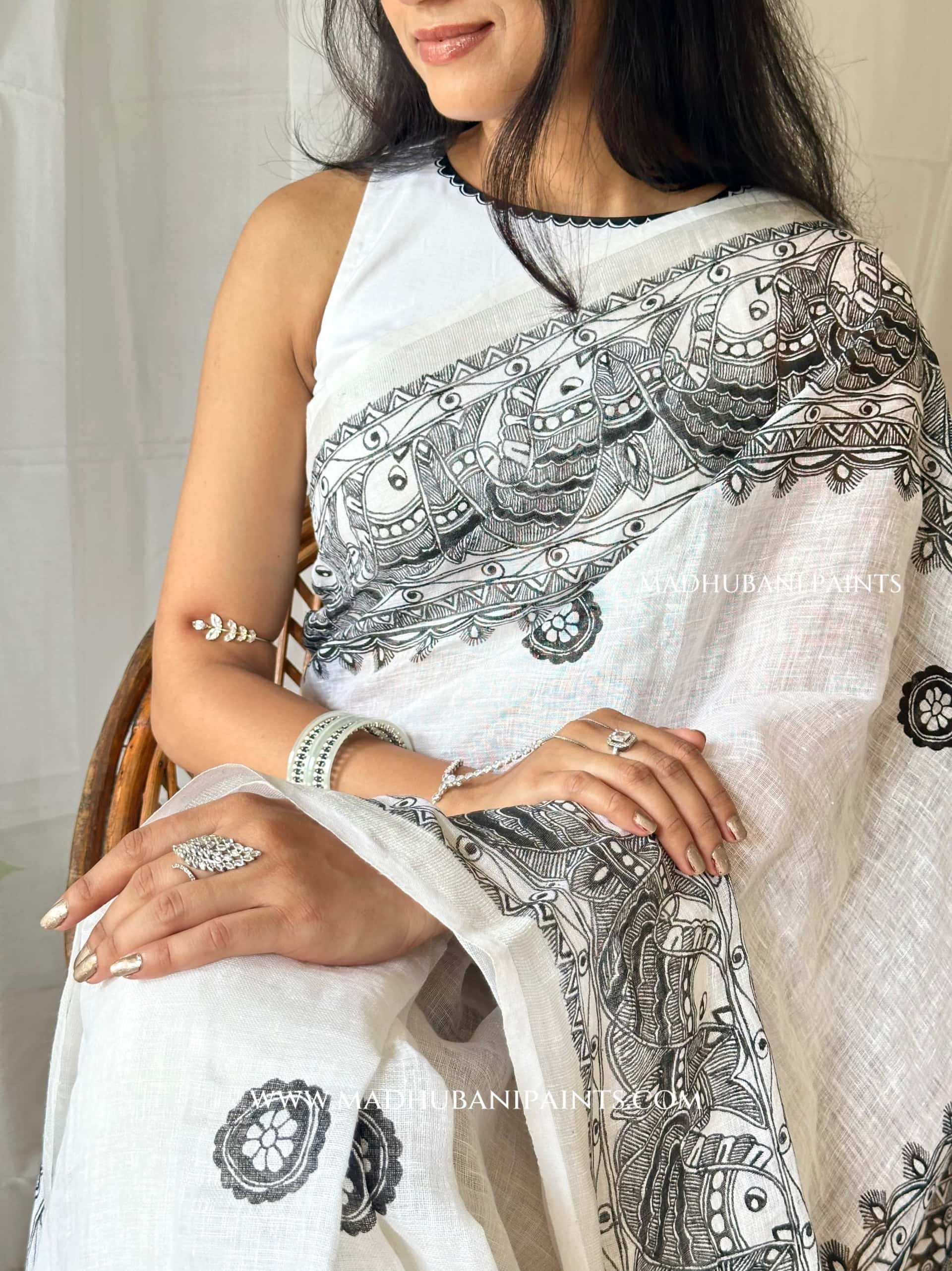 Linen Sagar Shringar Hand-painted Madhubani Painting Saree — image 2 of 11