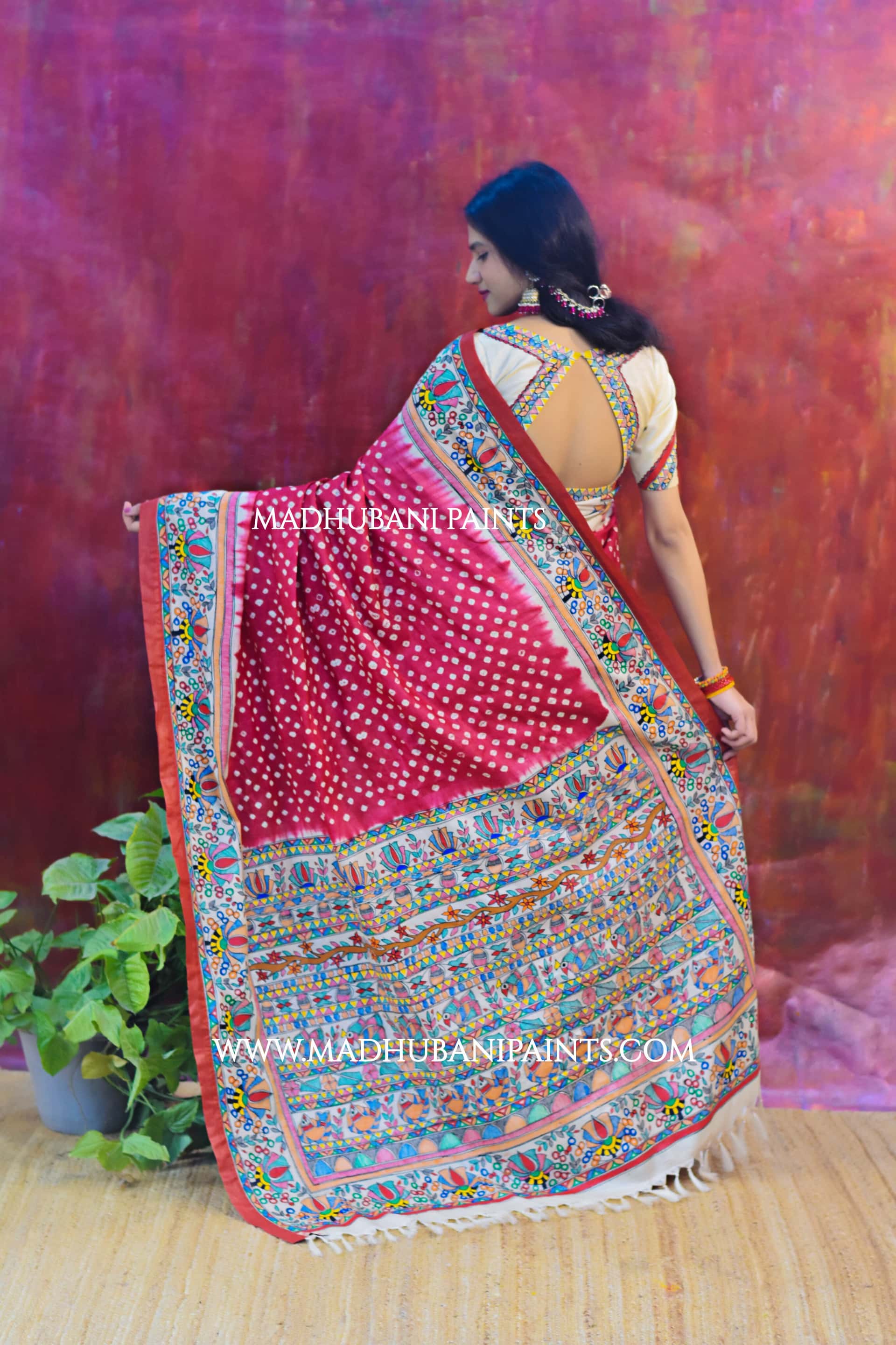 LAALI Handpainted Tussar Silk Bandhini Madhubani Saree Blouse Set — image 7 of 9
