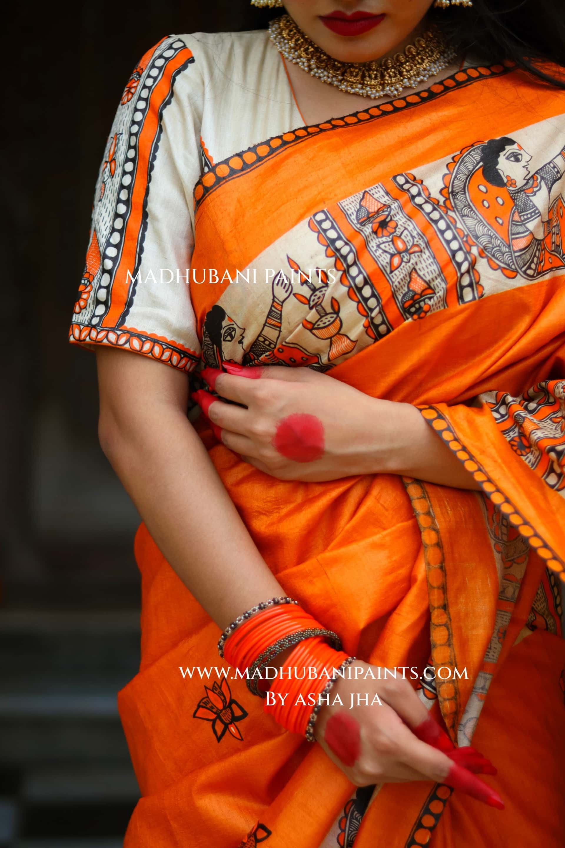 KESARIYA NAINTARA Handpainted Tussar Silk Madhubani Saree — image 2 of 10