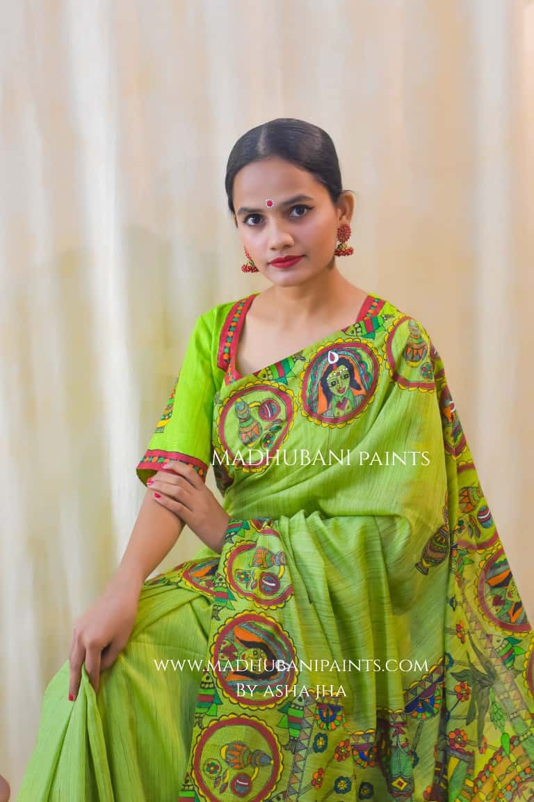 Bengali Weeding' Handpainted Madhubani Chanderi Silk Blouse — image 2 of 4