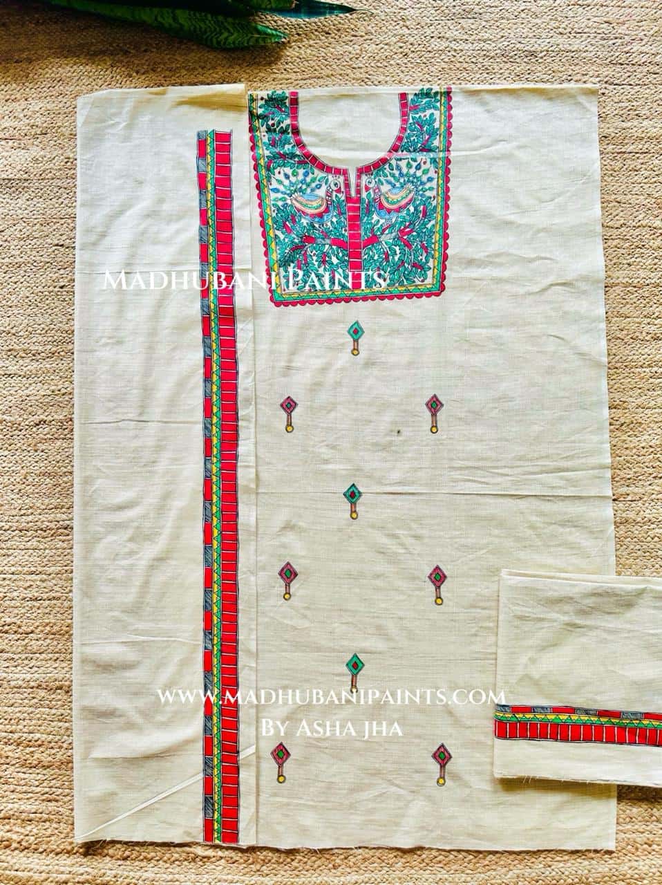 Laal Mayuri Hand-painted Madhubani Painting Cotton Unstitched Kurta Pant Dupatta Set — image 4 of 4