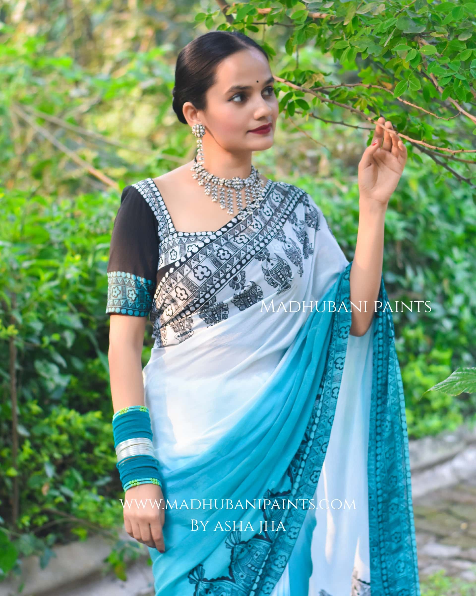 Neel Ujala Hand-painted Madhubani Chiffon Saree — image 4 of 7