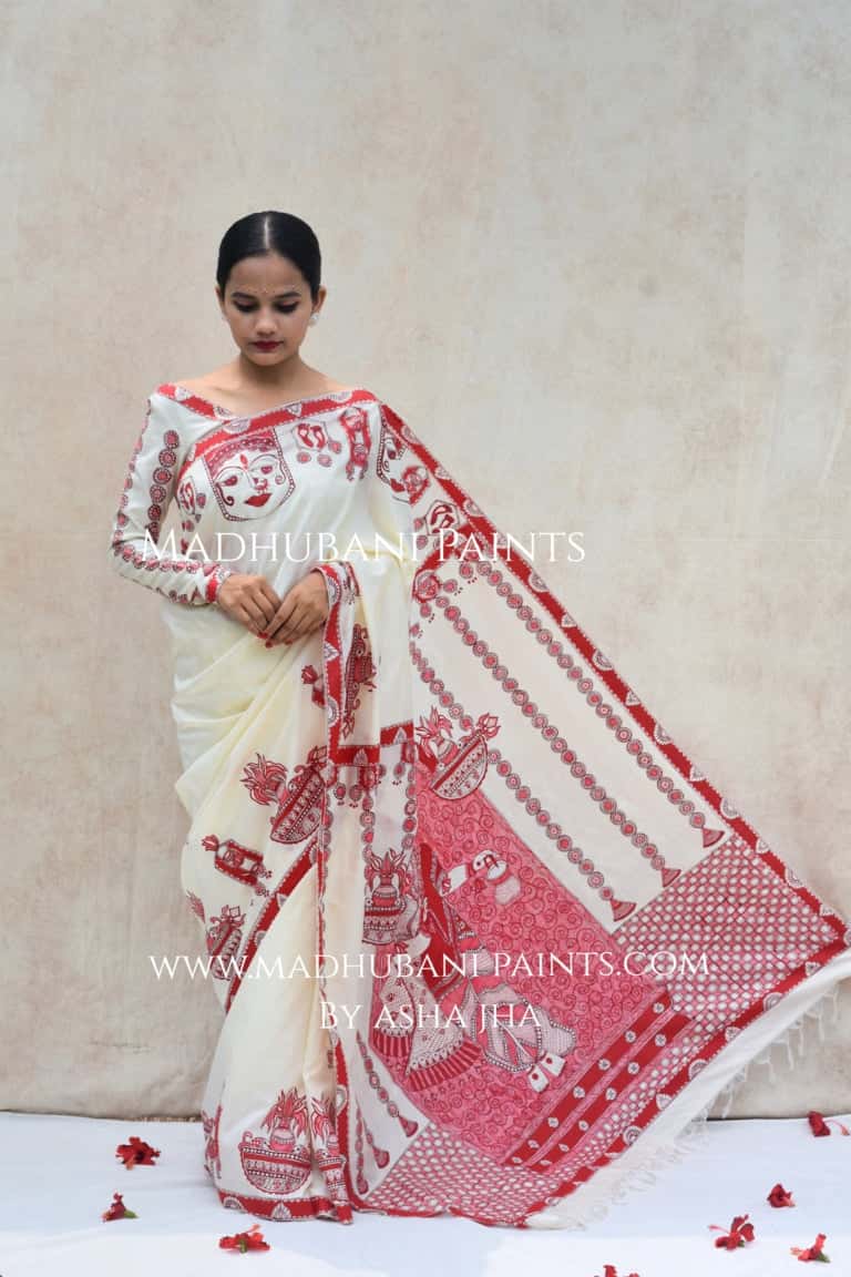 'BRAHMCHARINI' Handpainted Madhubani Bishnupuri Silk Saree Blouse Set — image 2 of 12