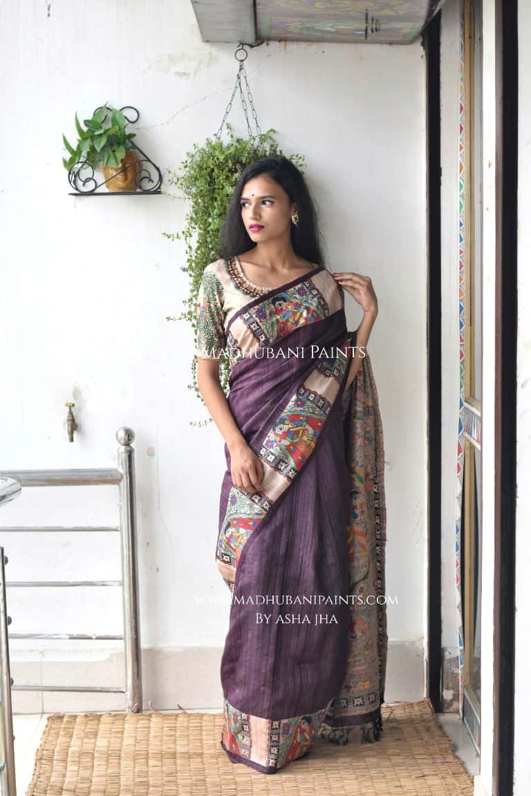 Bidai In Mithila Handpainted Madhubani Painting Saree with stitched blouse — image 6 of 9
