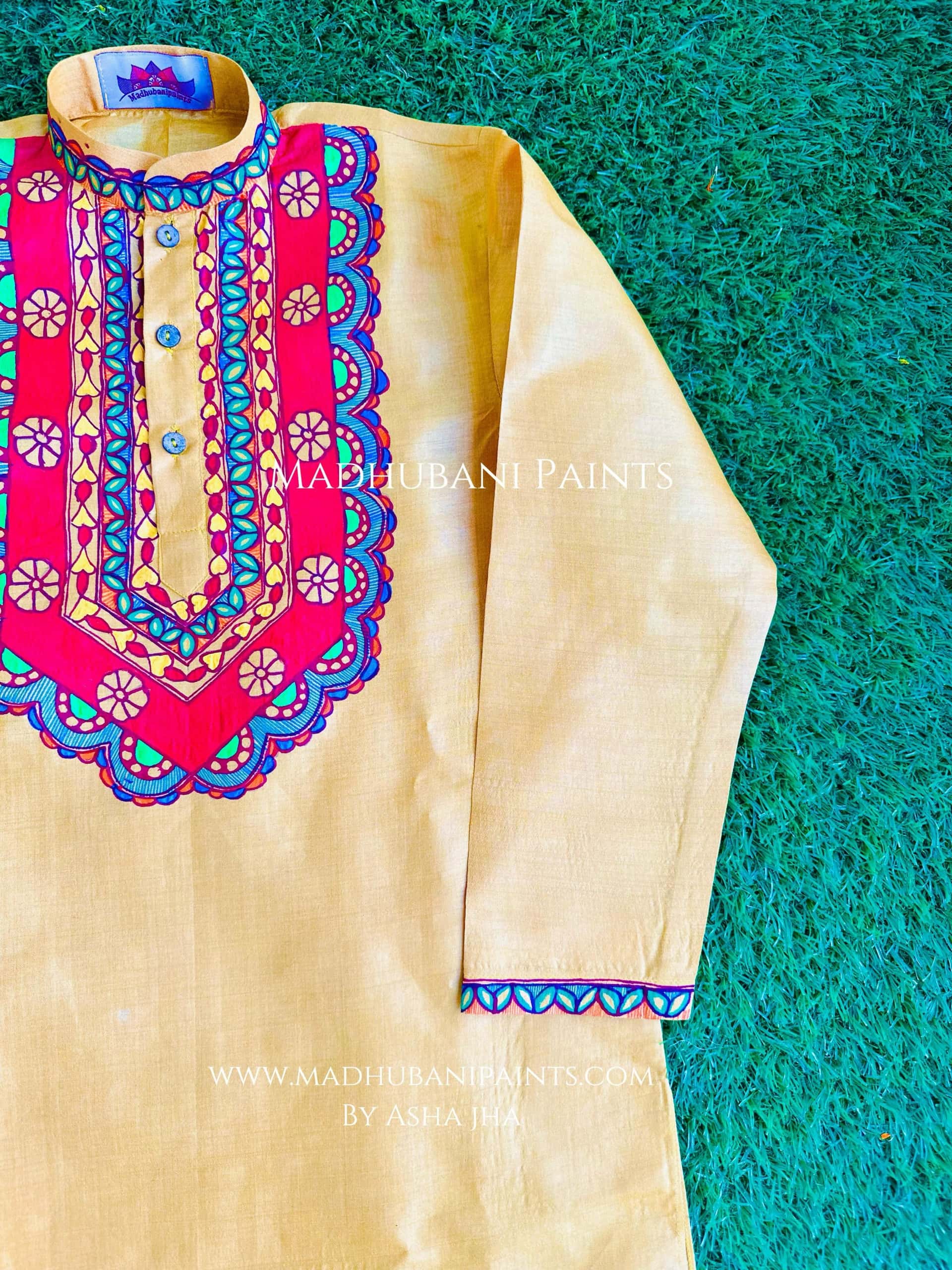 Laal Bharni Hand-painted Yellow Madhubani Men's Tussar Silk Kurta — image 2 of 3