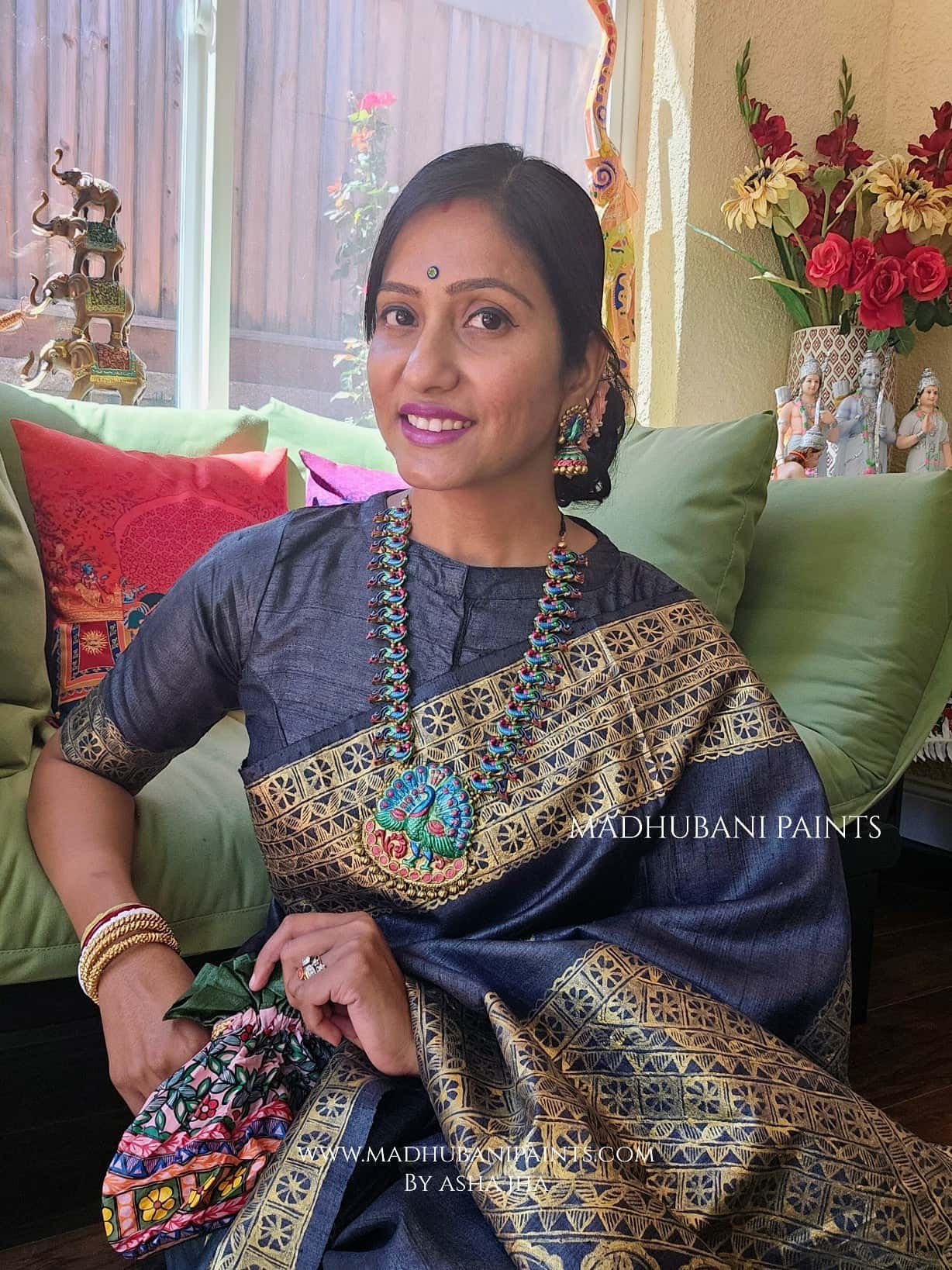 RADHA KRISHNA NRITYA Hand-painted Madhubani Tussar Silk Saree — image 5 of 9