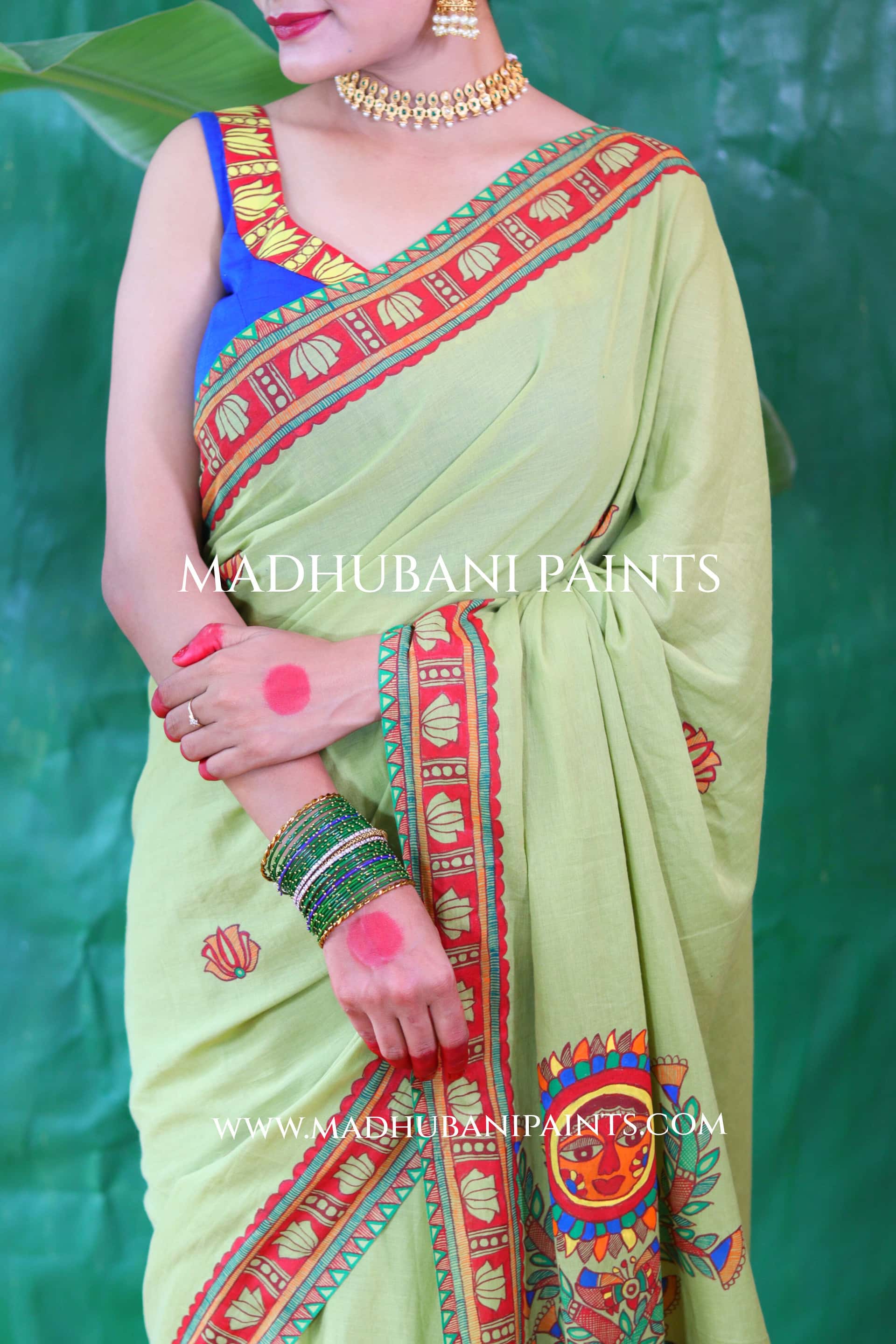 BHAKTI BHAVA Chhath Puja Hand painted Madhubani Cotton Saree — image 5 of 13