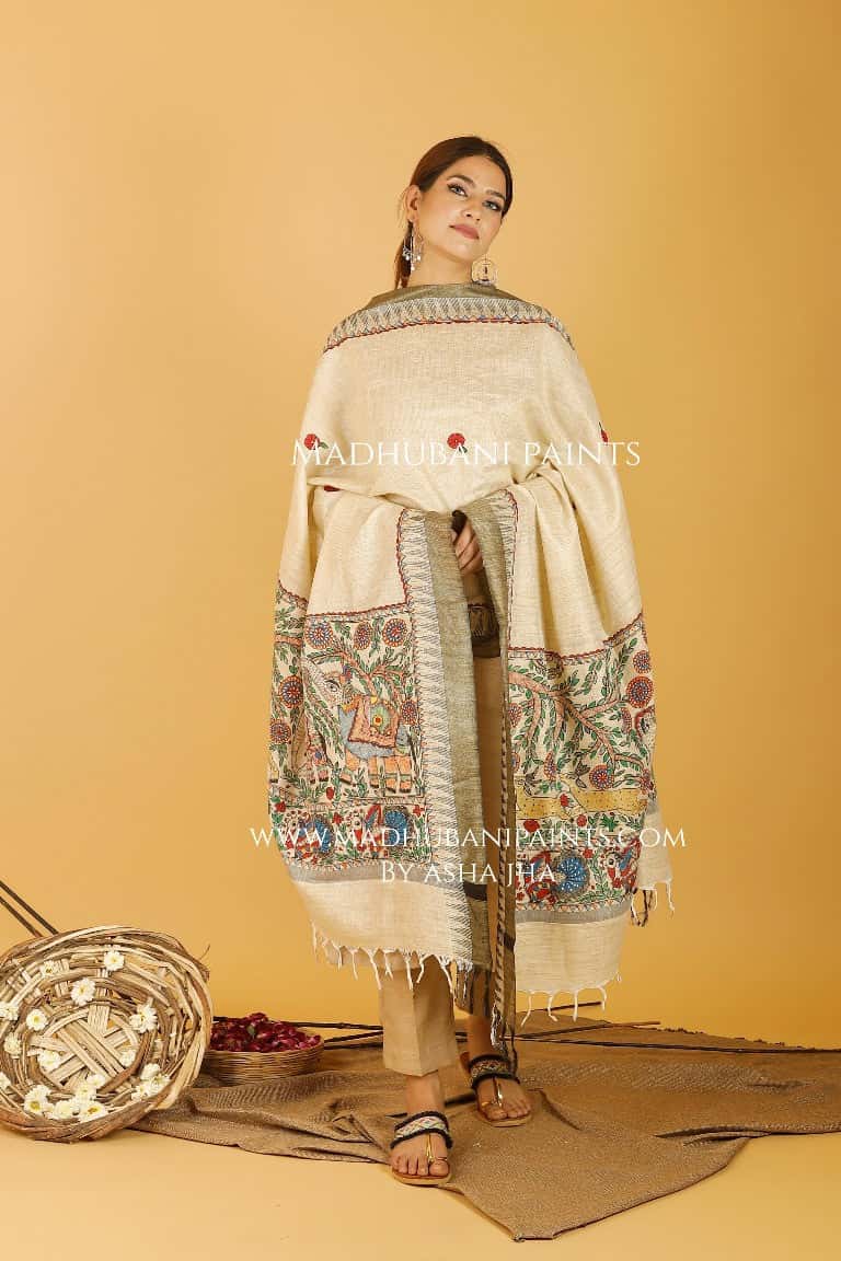 Ele Vrindavan Madhubani Handpainted Pure Handwoven Cotton Dupatta — image 2 of 4
