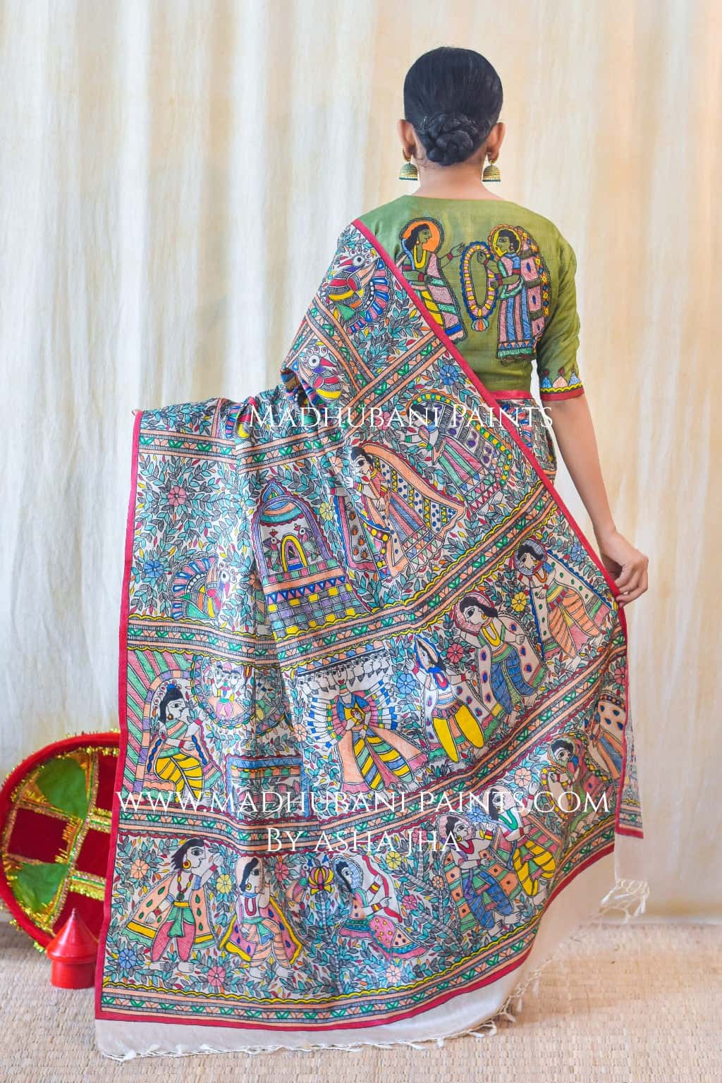 RAMAYANAM Handpainted MadhubaniPainting Saree Blouse Set — image 2 of 8