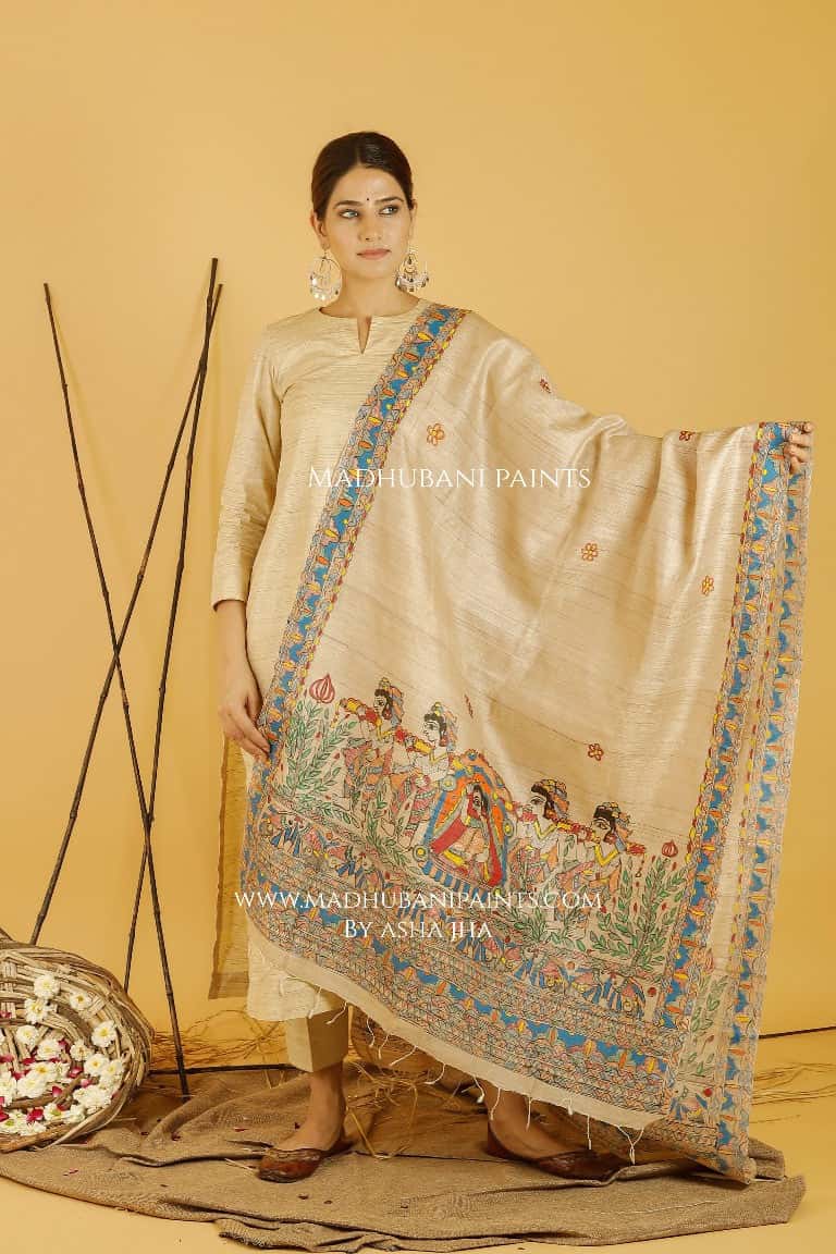 Mithila Doli Madhubani Handpainted Pure Handwoven Tussar Silk Dupatta — image 3 of 4