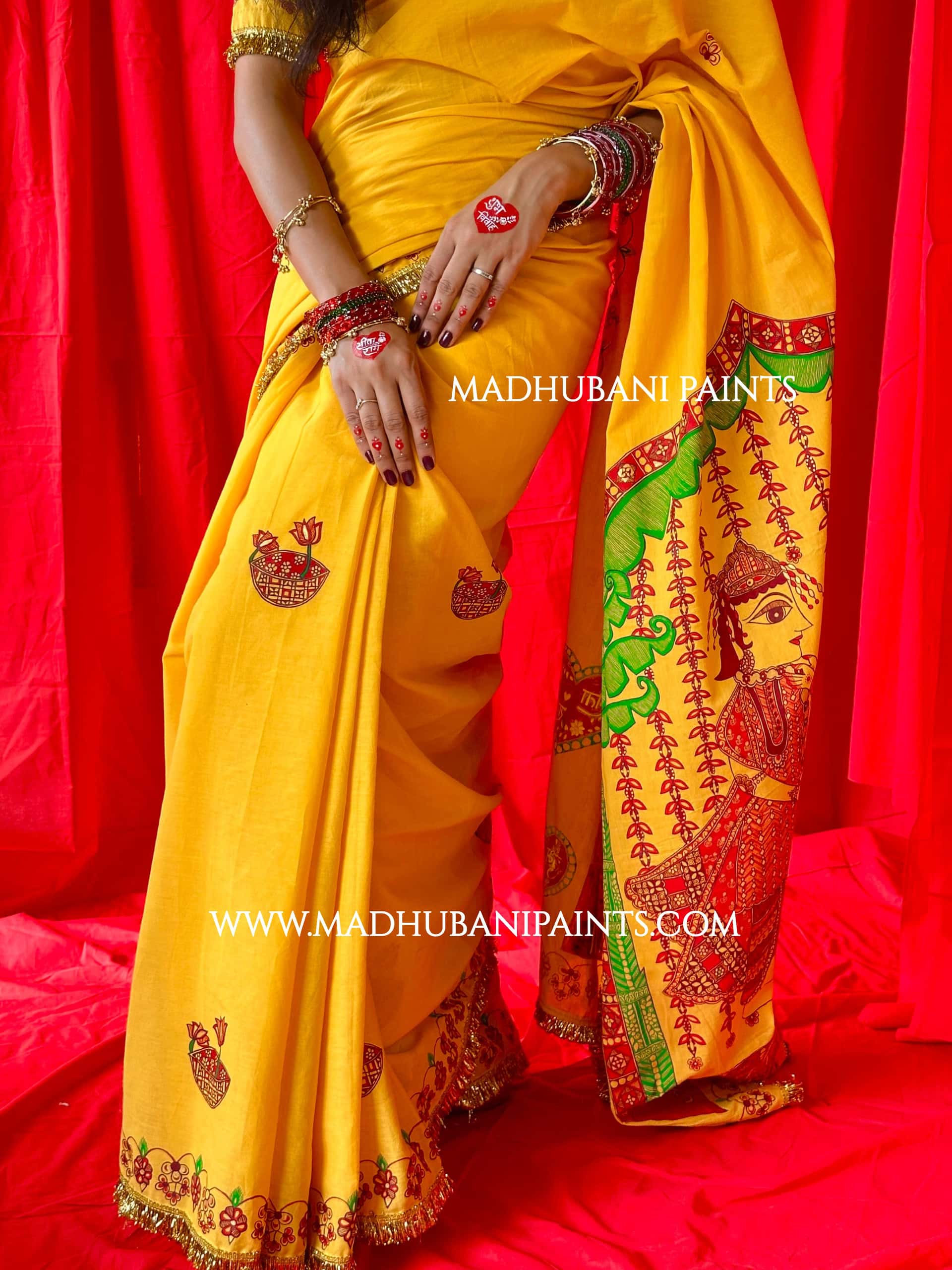 Swayambar Bihari Bridal Hand-painted Madhubani Painting Cotton Saree Blouse Set — image 9 of 12