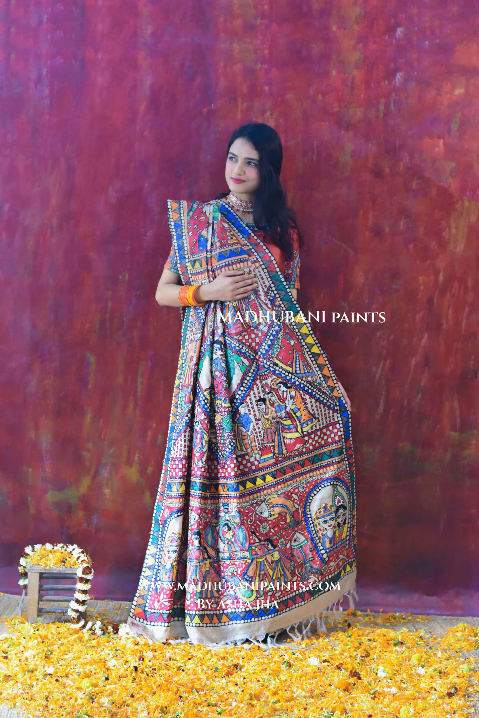 Bengali Vivah Hand-painted Madhubani Tussar Silk Saree Blouse Set — image 5 of 7