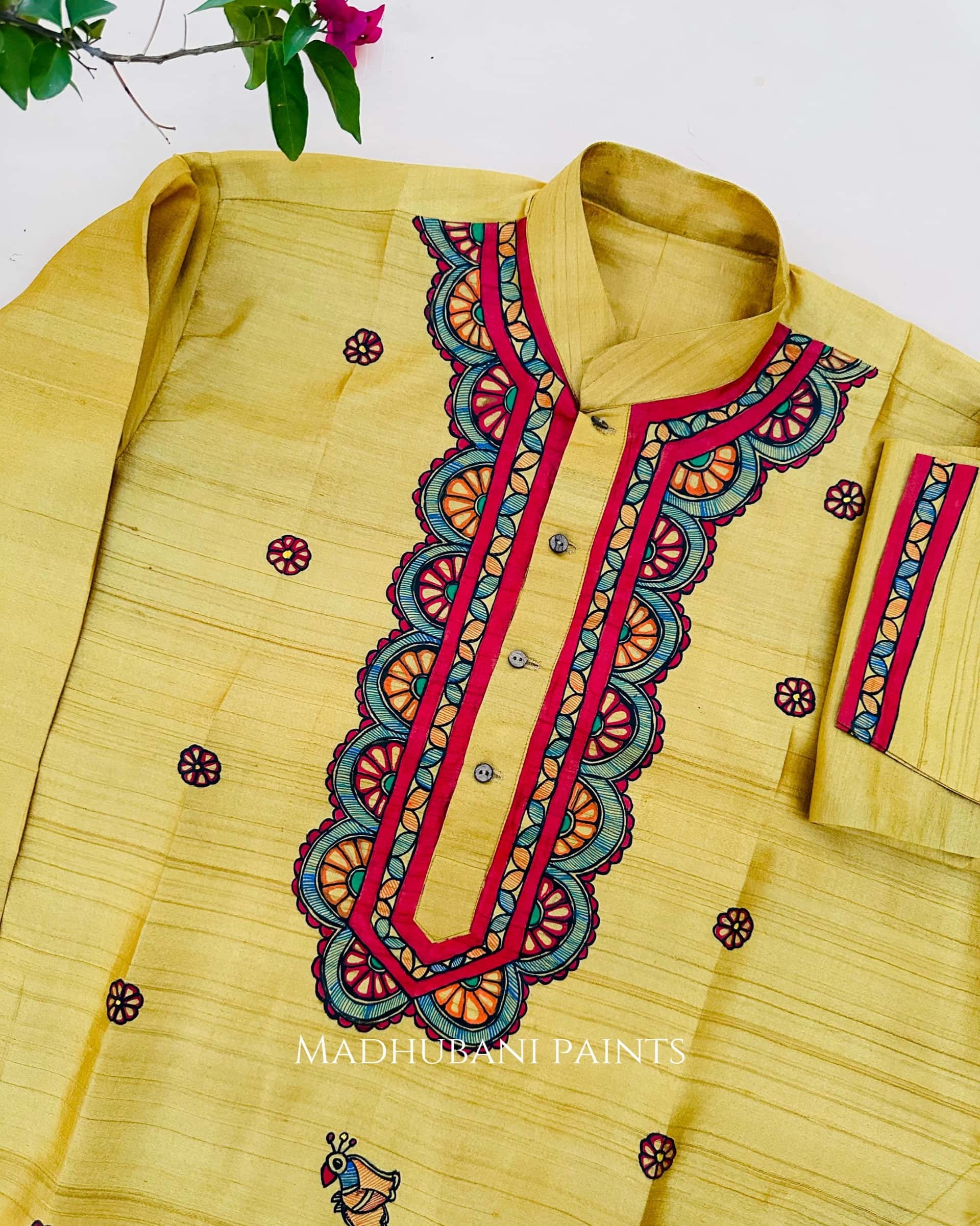 Minimal Men's Hand-painted Yellow Madhubani Men's Tussar Silk Kurta — image 2 of 3