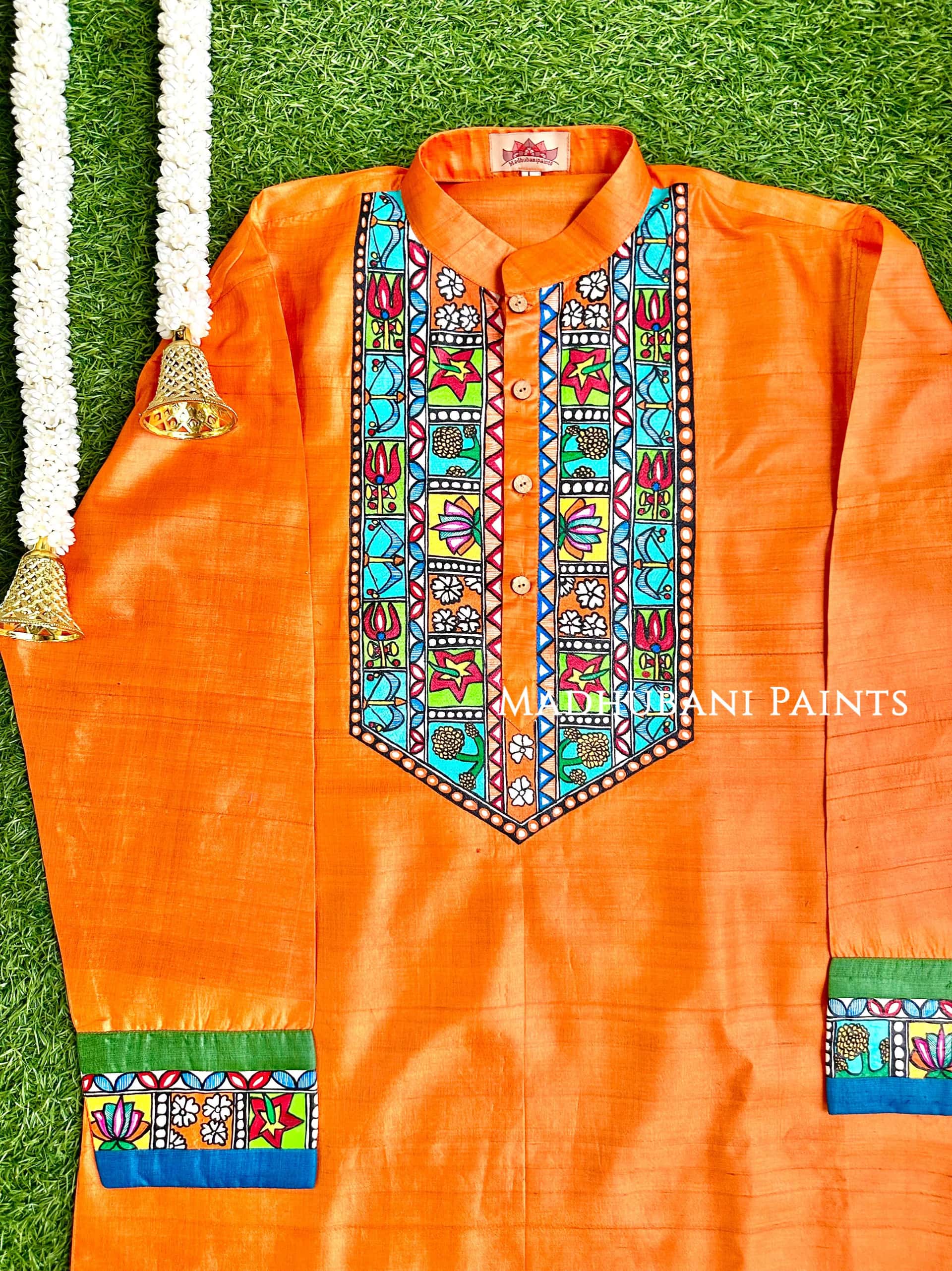 BHARAT KA DUSSEHRA Hand-painted Handloom Orange Men's Tussar Silk Kurta — image 2 of 4