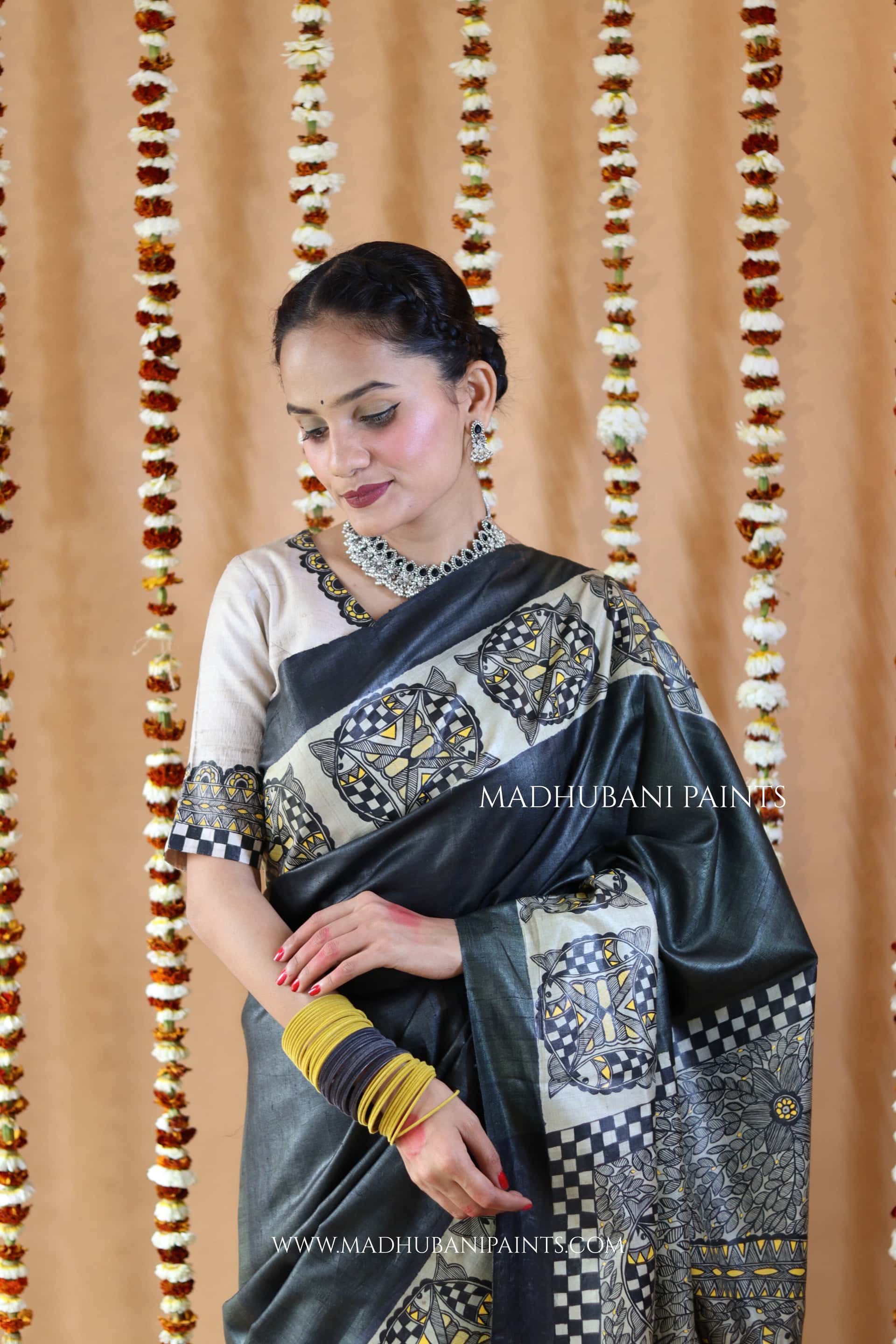 SAMUNDRAMAYI Yellow Hand-Painted Madhubani Tussar Silk Saree — image 4 of 7