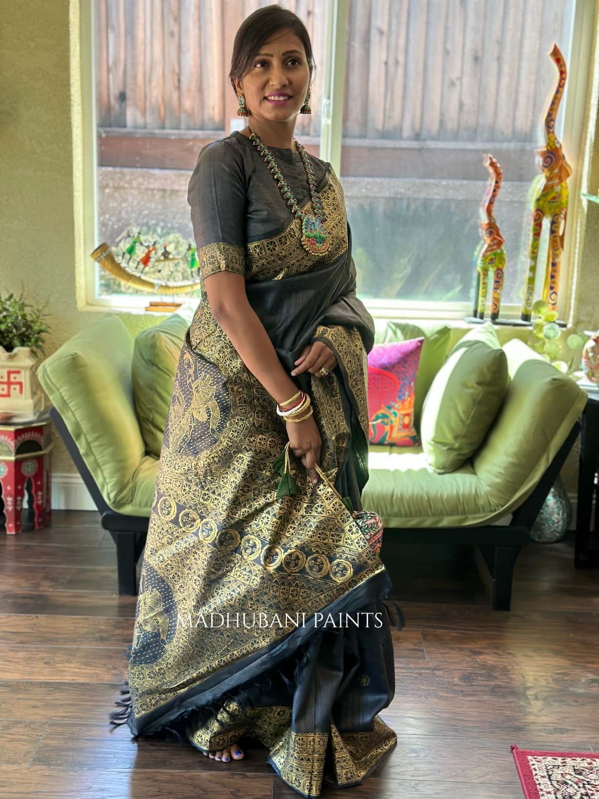 RADHA KRISHNA NRITYA Hand-painted Madhubani Tussar Silk Saree — image 9 of 9