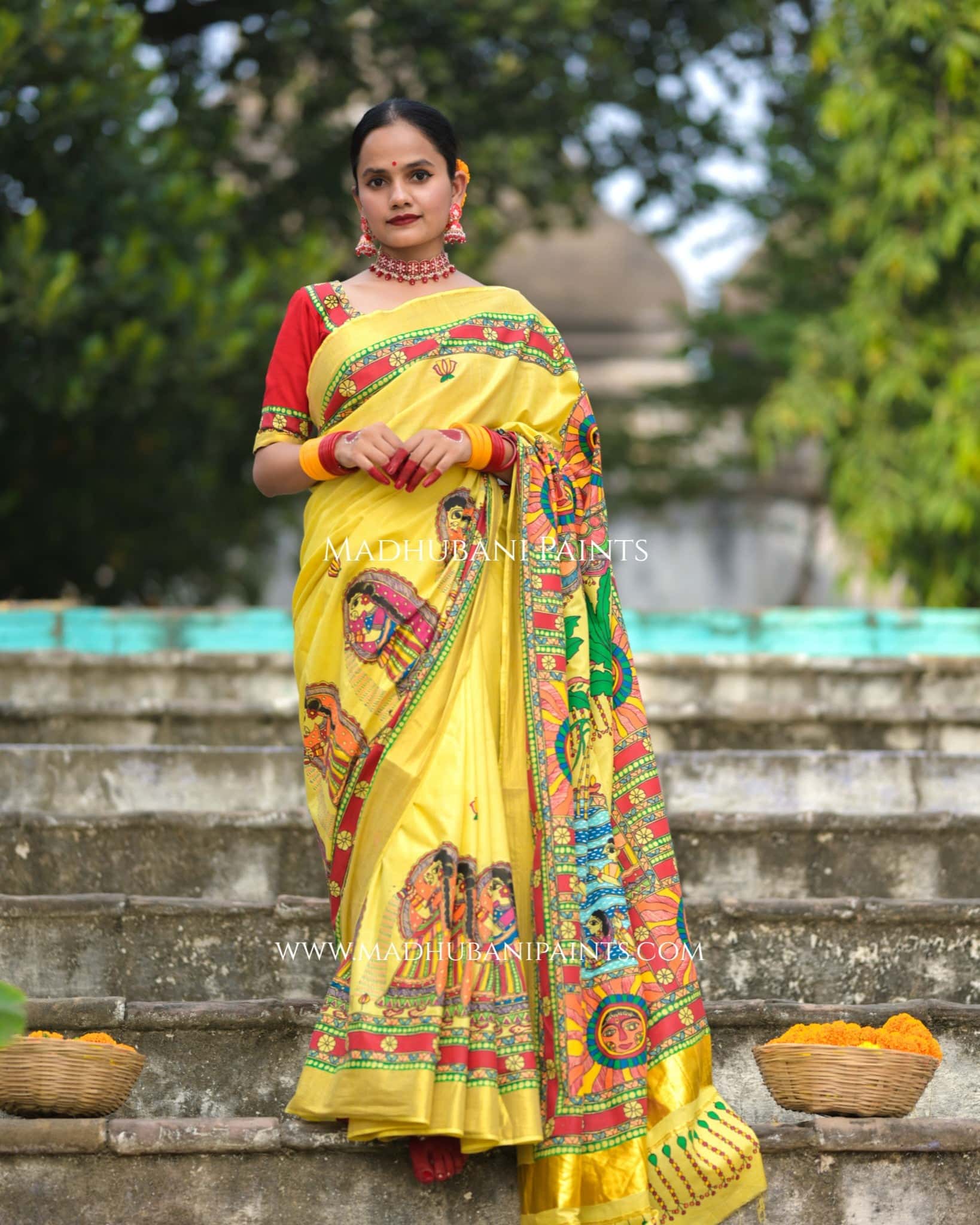 Surya Shalini Chhath Puja Handpainted Madhubani Cotton Saree — image 6 of 13