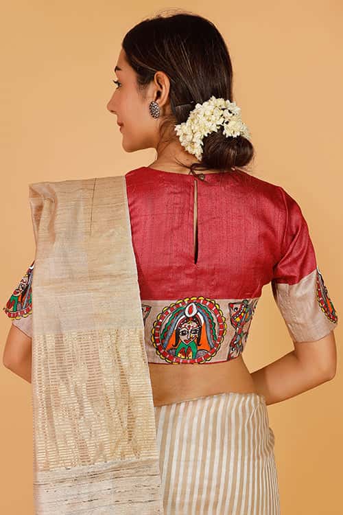 'Bengali Sindoordaan' Handpainted Madhubani Tussar Silk Blouse — image 6 of 8