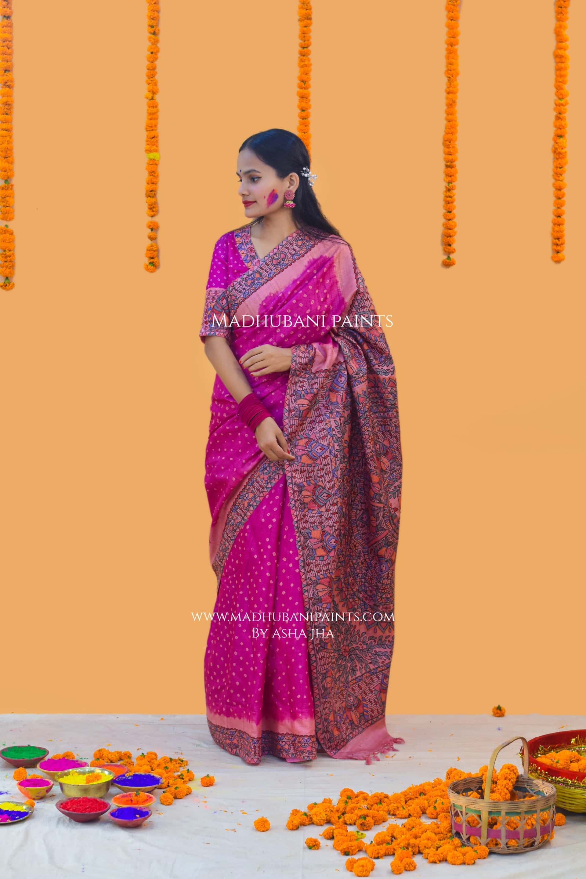 MATSYA BANDHINI MANDALI Hand-painted Madhubani Tussar Silk Saree Blouse Set — image 8 of 11