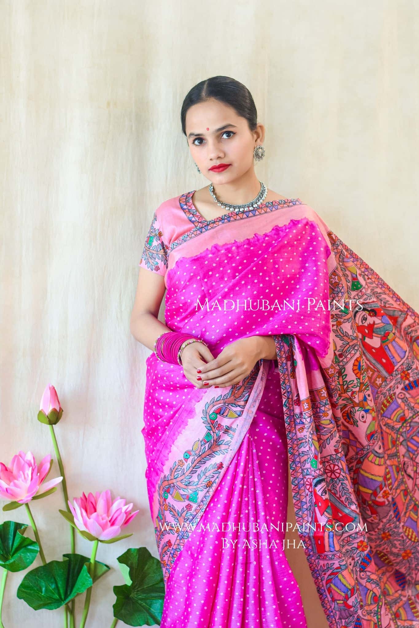 GULABI MAHFA Hand-painted Madhubani Tussar Silk Saree Blouse Set — image 4 of 10