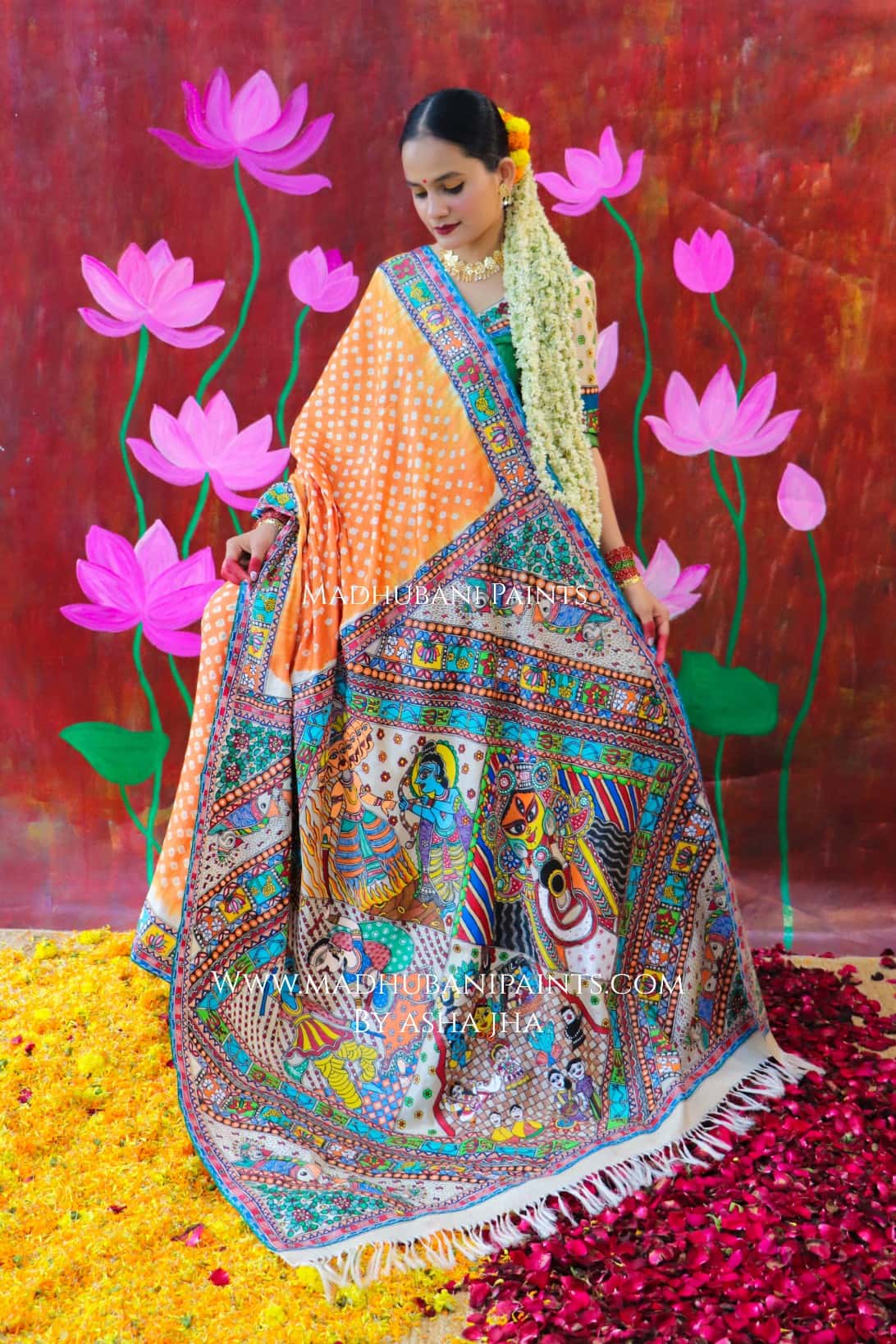 "BHARAT KA DUSSEHRA" Handpainted Madhubani Bandhini Tussar Silk Saree Blouse set — image 4 of 8