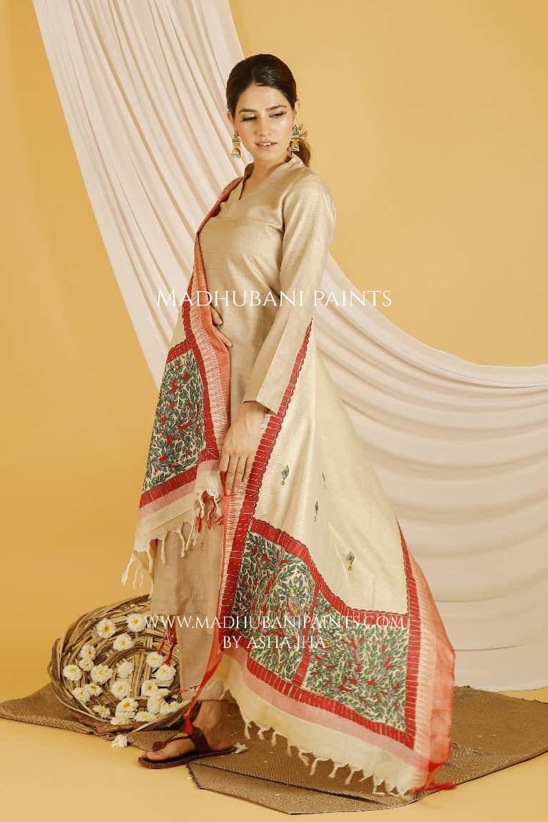 Mayuri Madhubani Handpainted Pure Handloom Cotton Dupatta — image 3 of 4