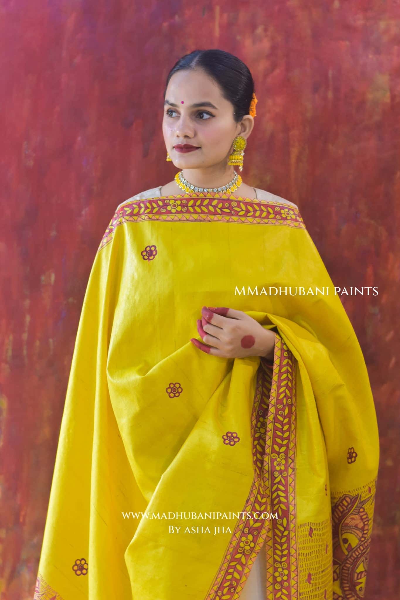 'PEELA SAMUNDAR' Handpainted Madhubani Tussar Silk Dupatta — image 6 of 6