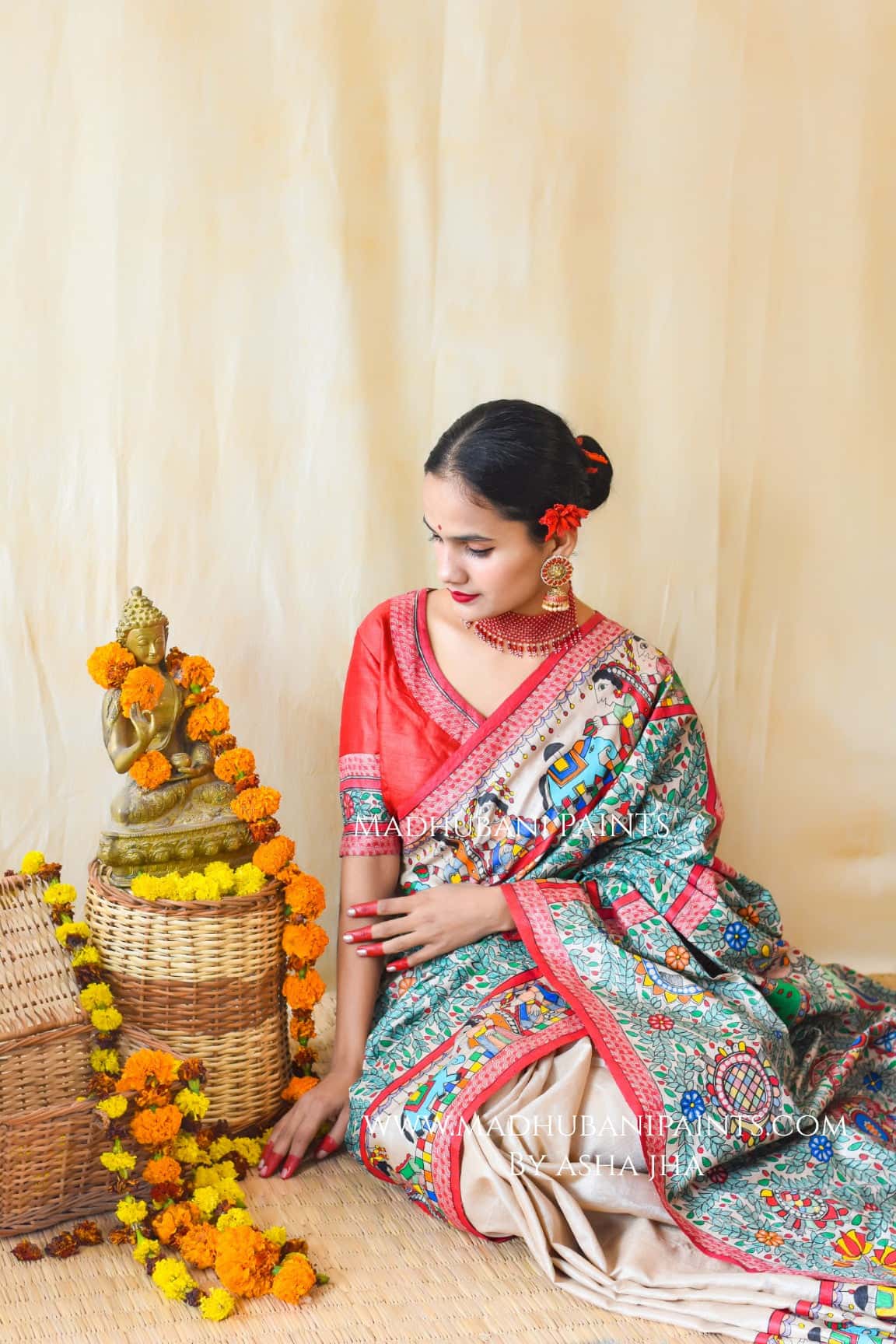 'Krishna Kohbar' Handpainted Madhubani Tussar Silk Blouse — image 2 of 4