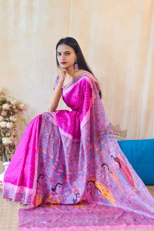 'SITA SWAYAMBAR' Handpainted Madhubani Bandhini Pure Silk Saree — image 3 of 5