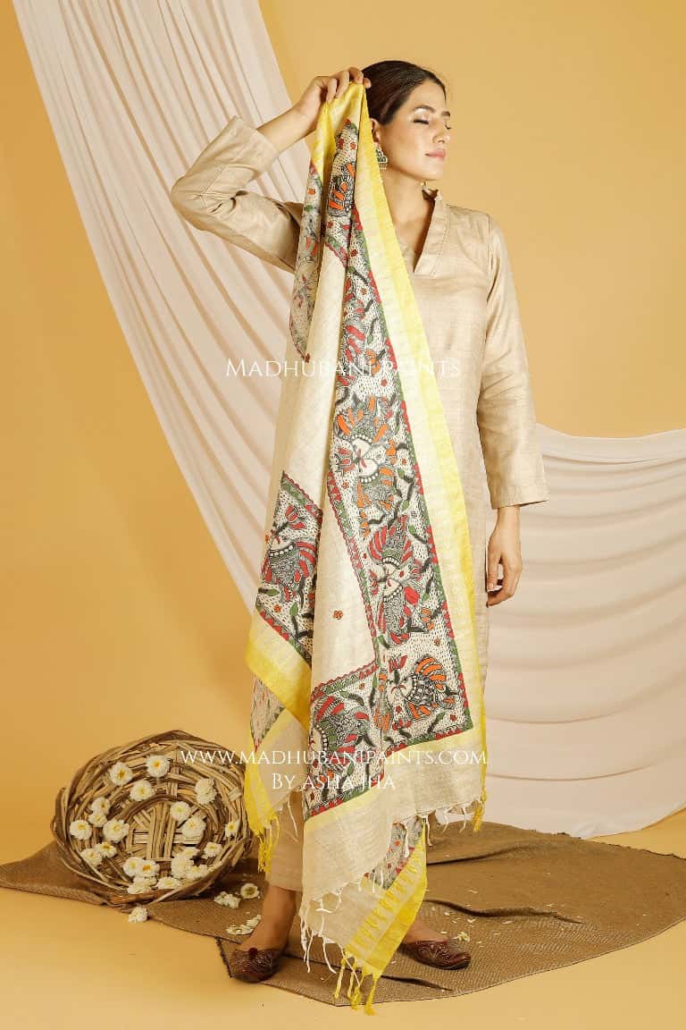 Matsya Madhubani Handpainted Pure Handloom Cotton Dupatta — image 3 of 4