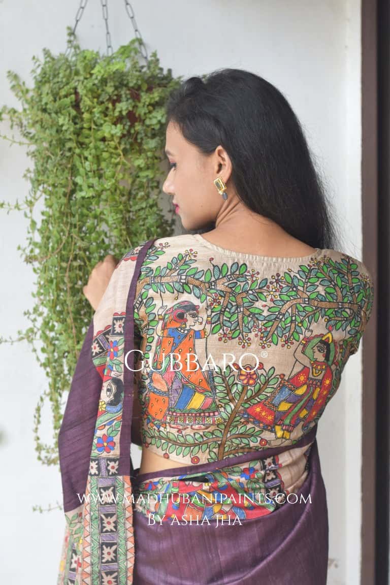 Bidai In Mithila Handpainted Madhubani Painting Saree with stitched blouse — image 8 of 9