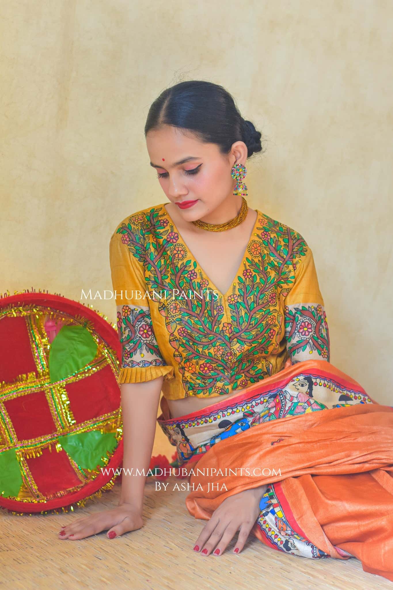"MITHILA KOHBAR" Yellow Hand Painted Madhubani Tussar Silk Blouse — image 3 of 5