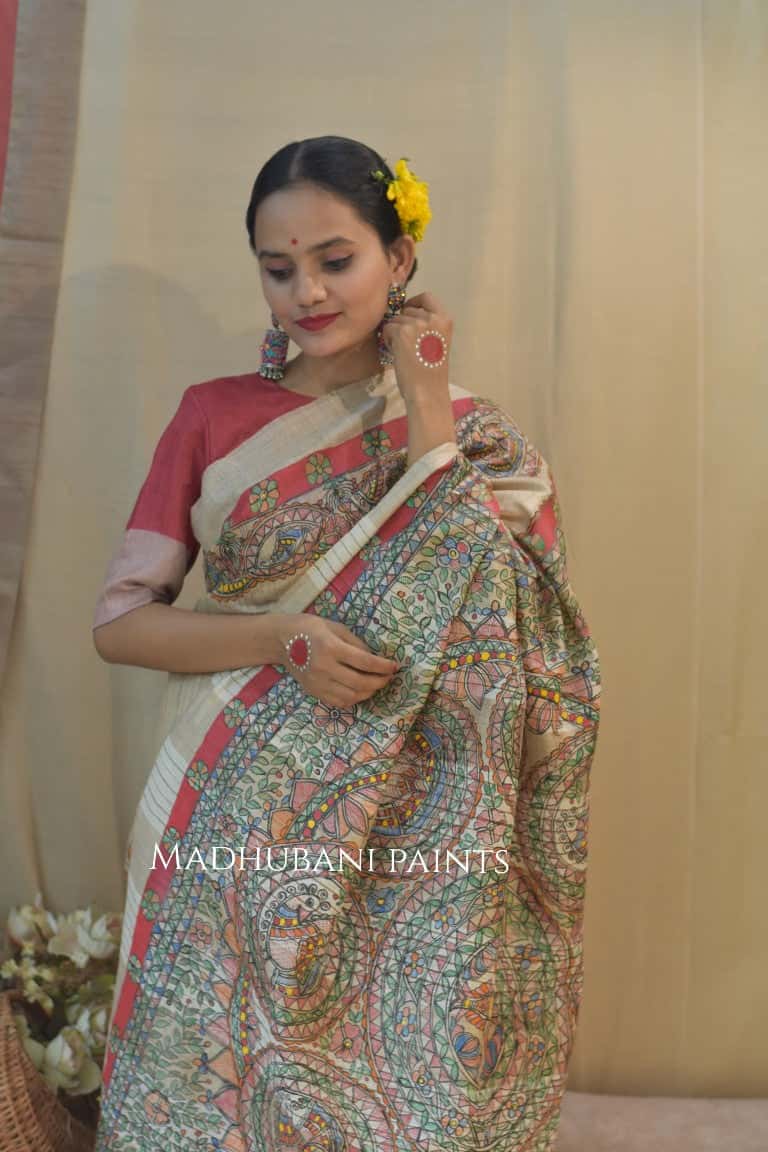 Peacock Tussar Madhubani Painted Saree — image 2 of 6