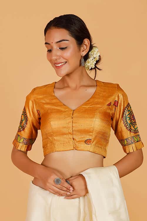 'Radha Raman' Handpainted Madhubani Tussar Silk Blouse — image 3 of 7