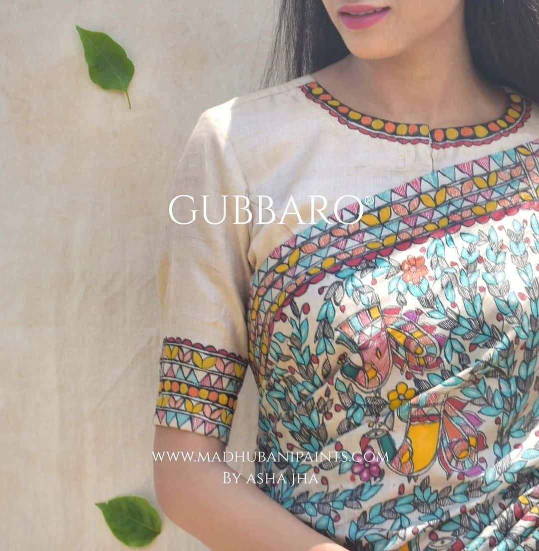 'Mithila ki Neeli Doli' Madhubani Hand-painted Saree Blouse Set — image 3 of 13
