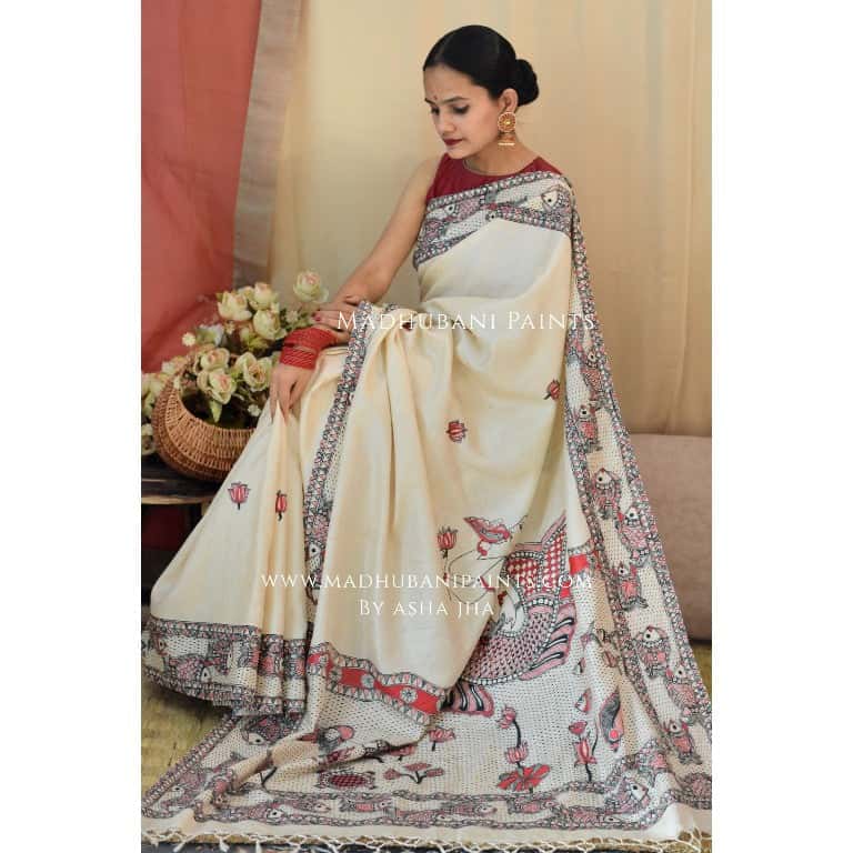 'MATSYA AVATAR' Handpainted Madhubani Tussar Silk Saree — image 5 of 12