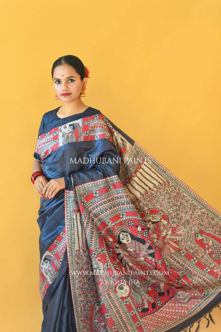 'NARAYANI' Handpainted Madhubani Tussar Silk Saree  Blouse Set — image 2 of 11