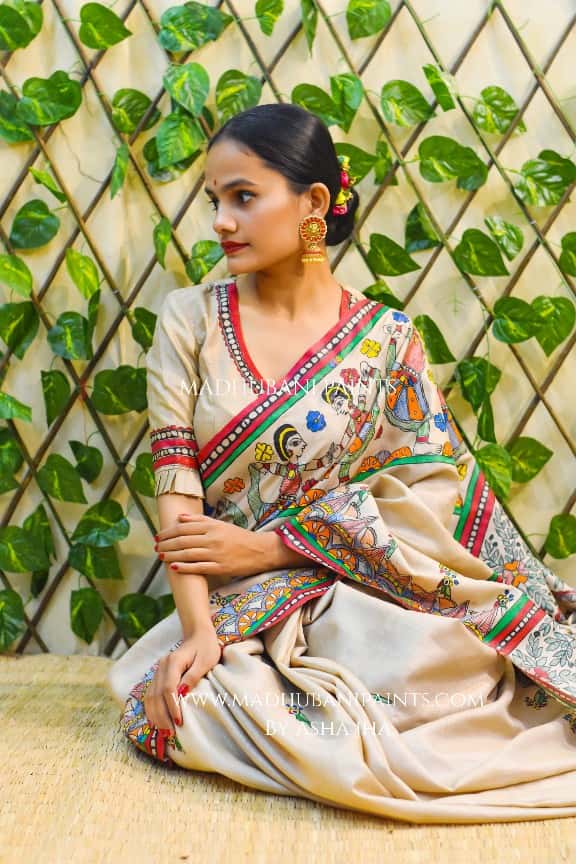 NANDGOPALA RADHA' Handpainted Madhubani Tussar Silk Saree Blouse set — image 6 of 8