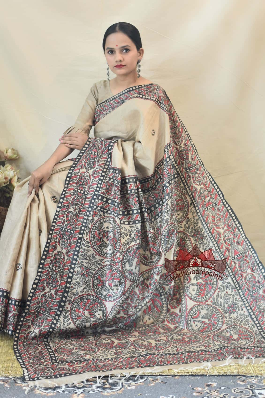 Madhubani Surmain Laal Kala Kachni Bharni Saree — image 5 of 9