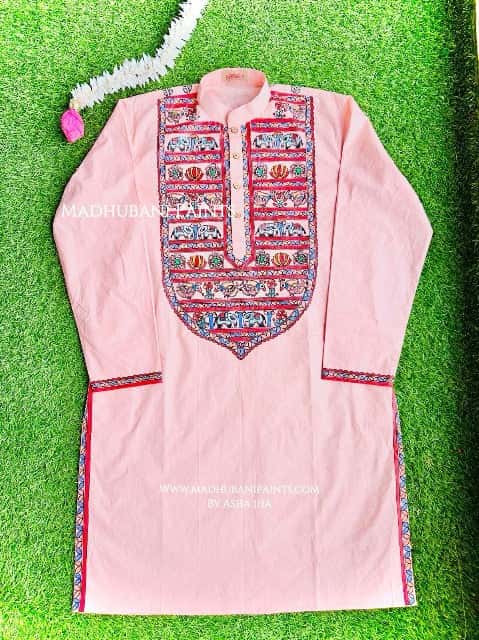 Pink Hathi Mor Machli  Hand-painted  Madhubani Men's Cotton Kurta — image 3 of 5