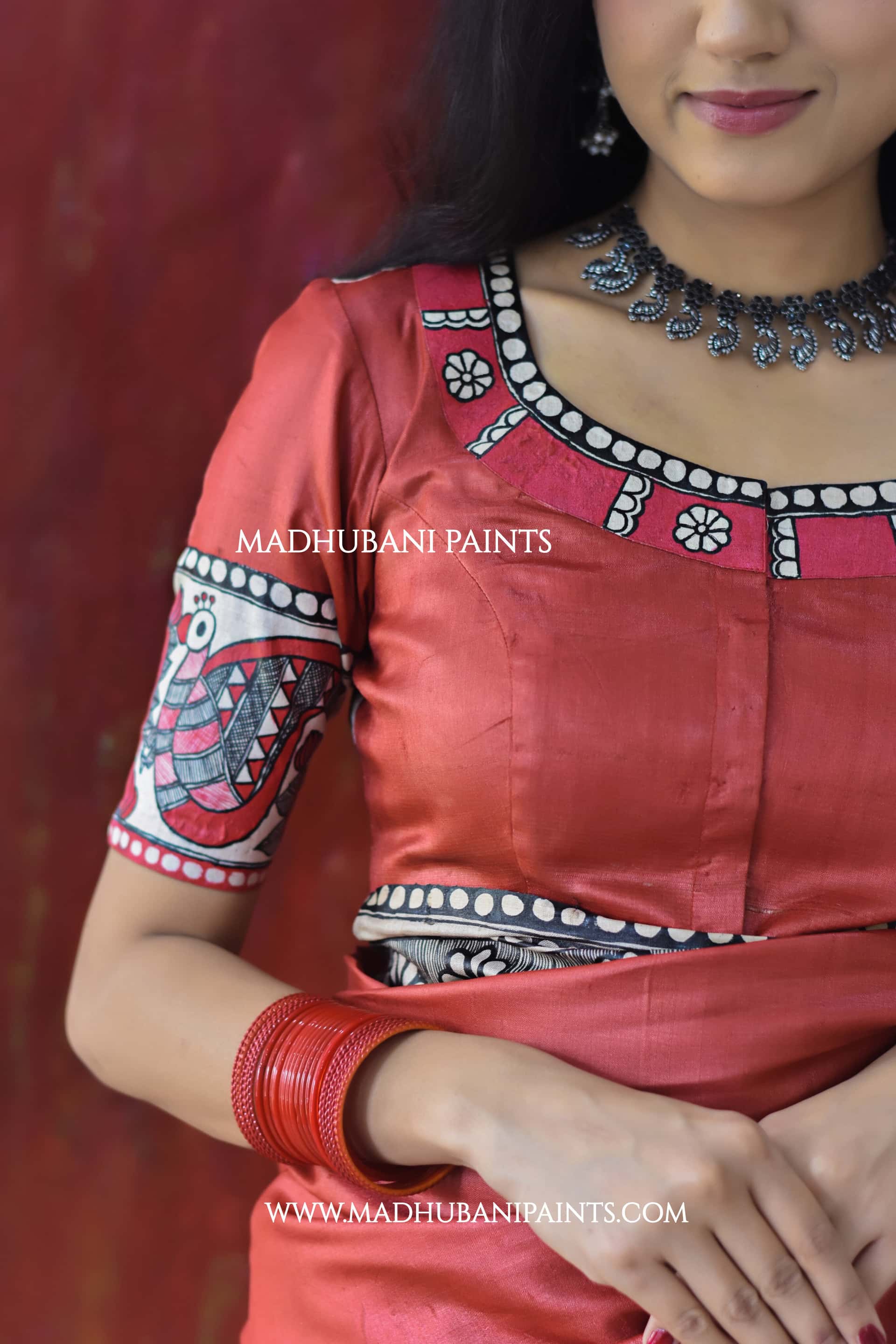 RED BENGALI WEDDING Hand-painted Madhubani Tussar Silk Blouse — image 2 of 4