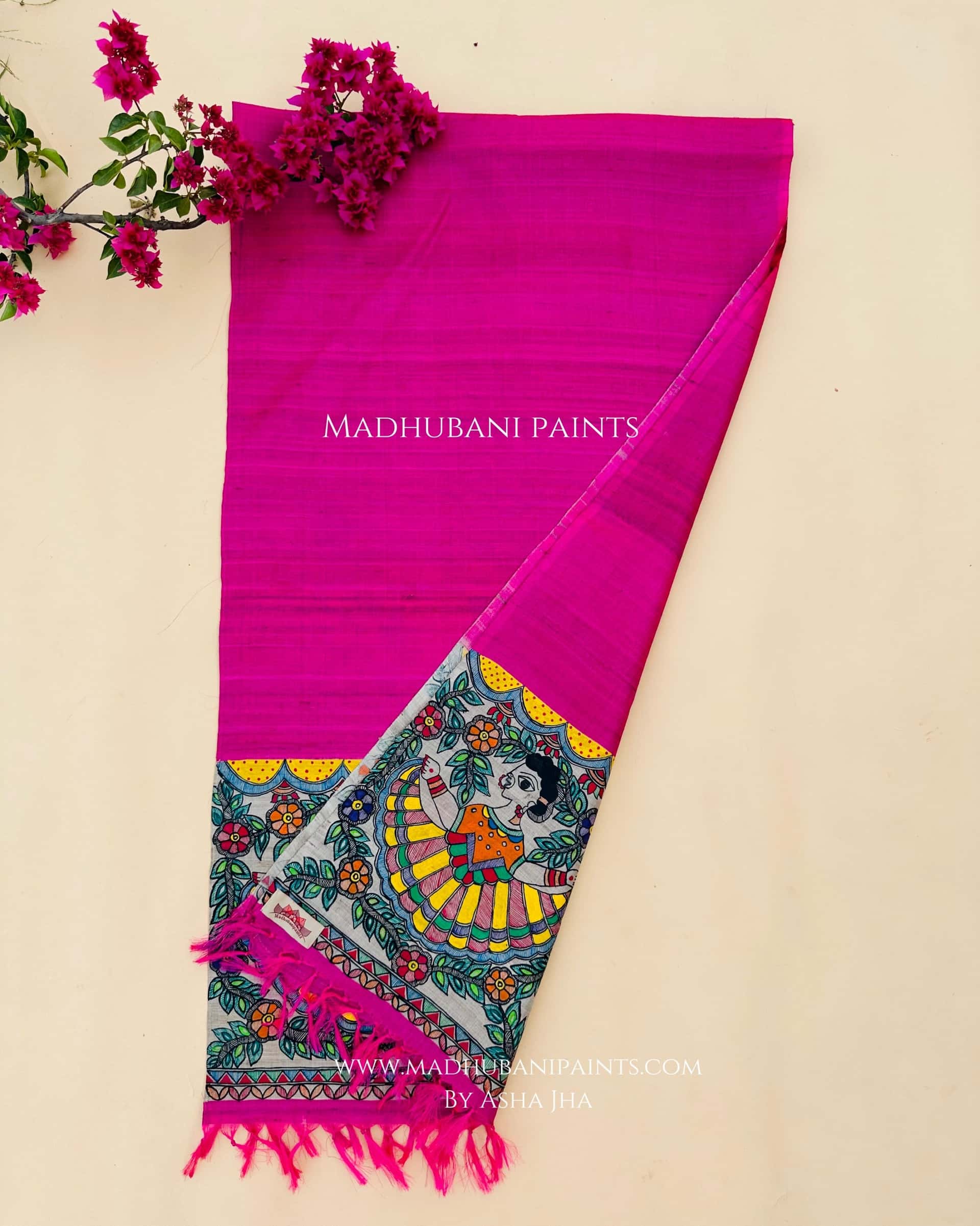 Pink Vrindavan Gudiya Tussar Silk Madhubani Hand-painted Stole — image 3 of 3