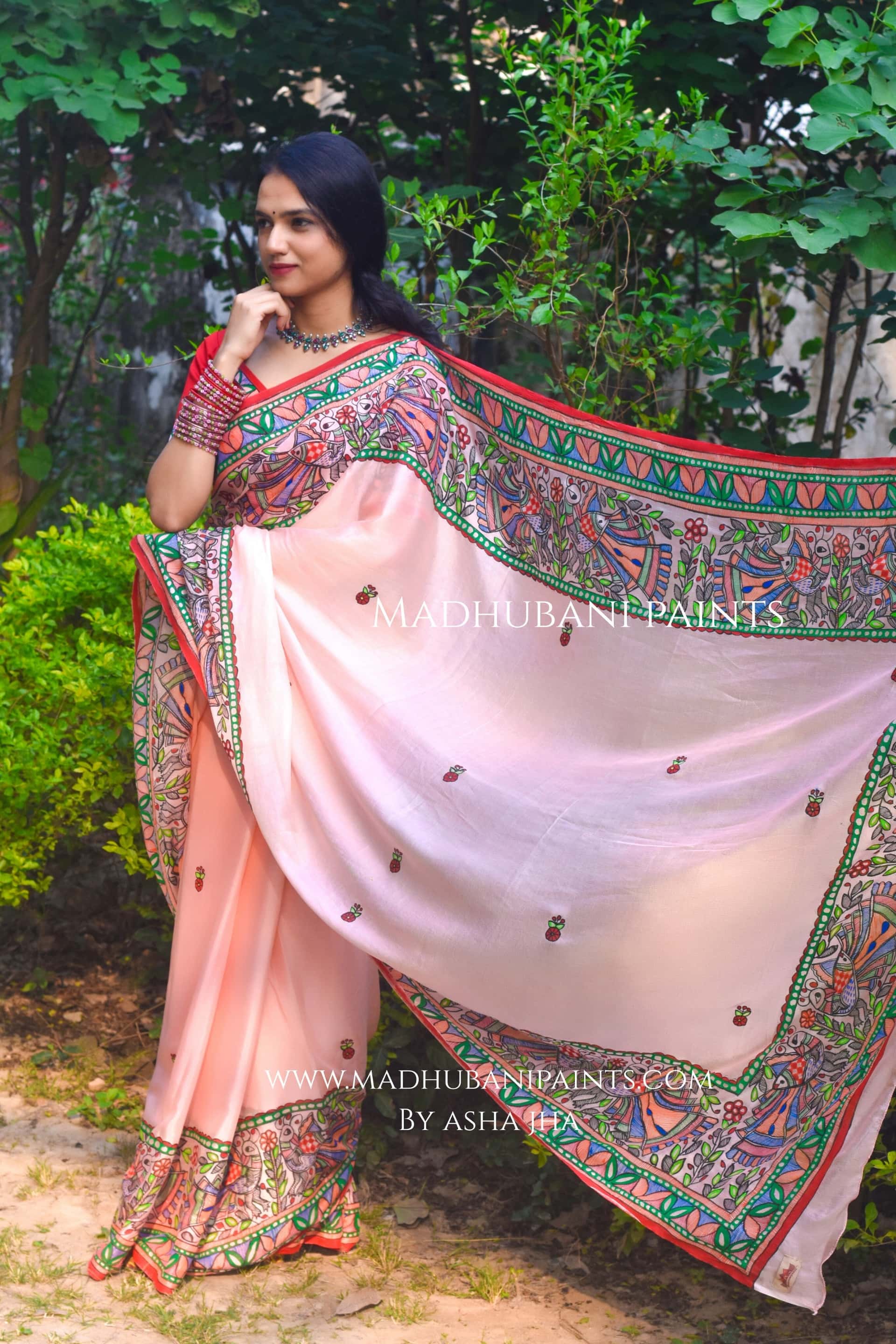 Gulabi Mor Hand-painted Madhubani Chiffon Saree — image 3 of 7